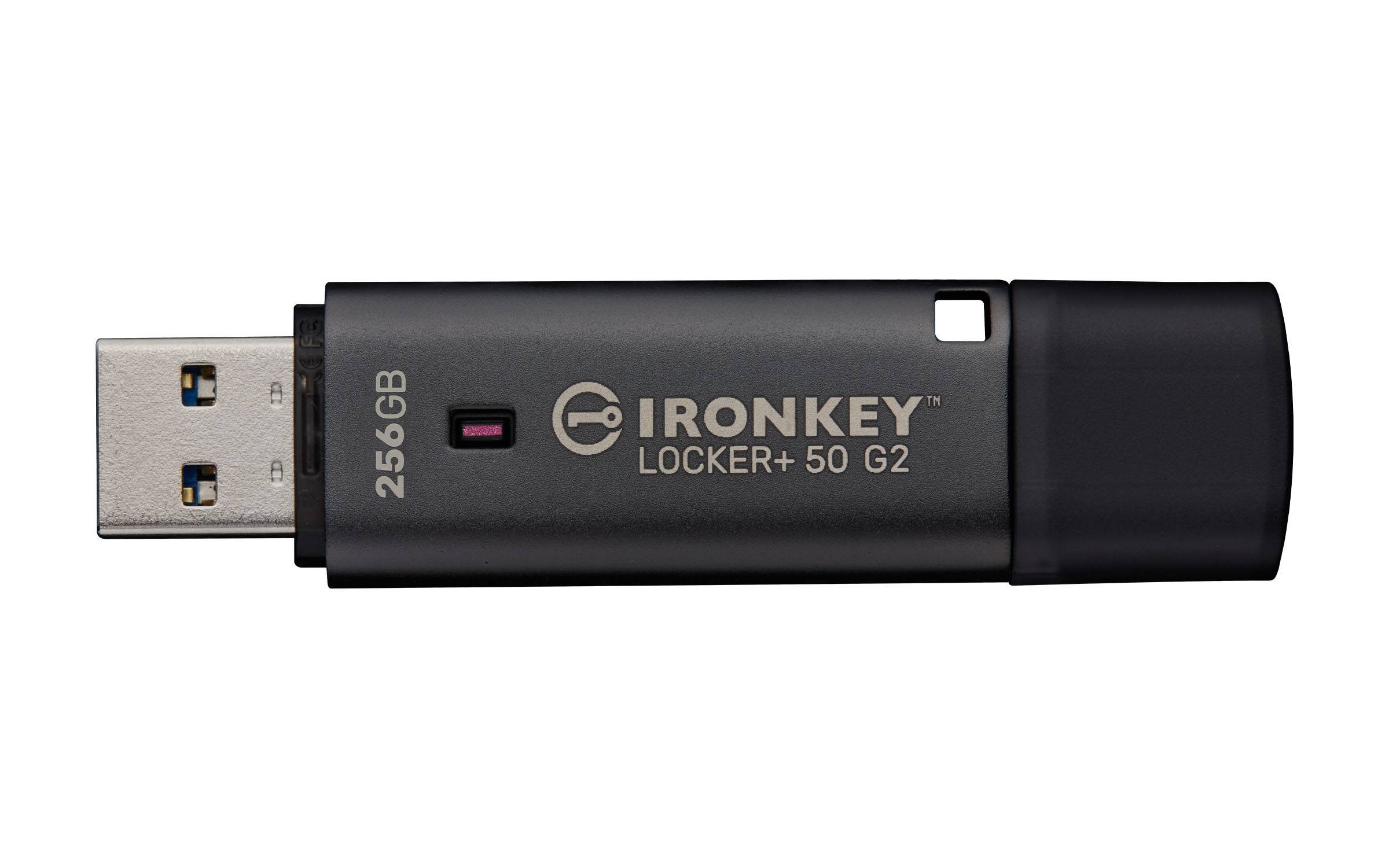 Black IronKey Locker+ 50 G2 USB-Speicherstift, beschriftet mit 256GB, gezeigt auf weißem Hintergrund.
