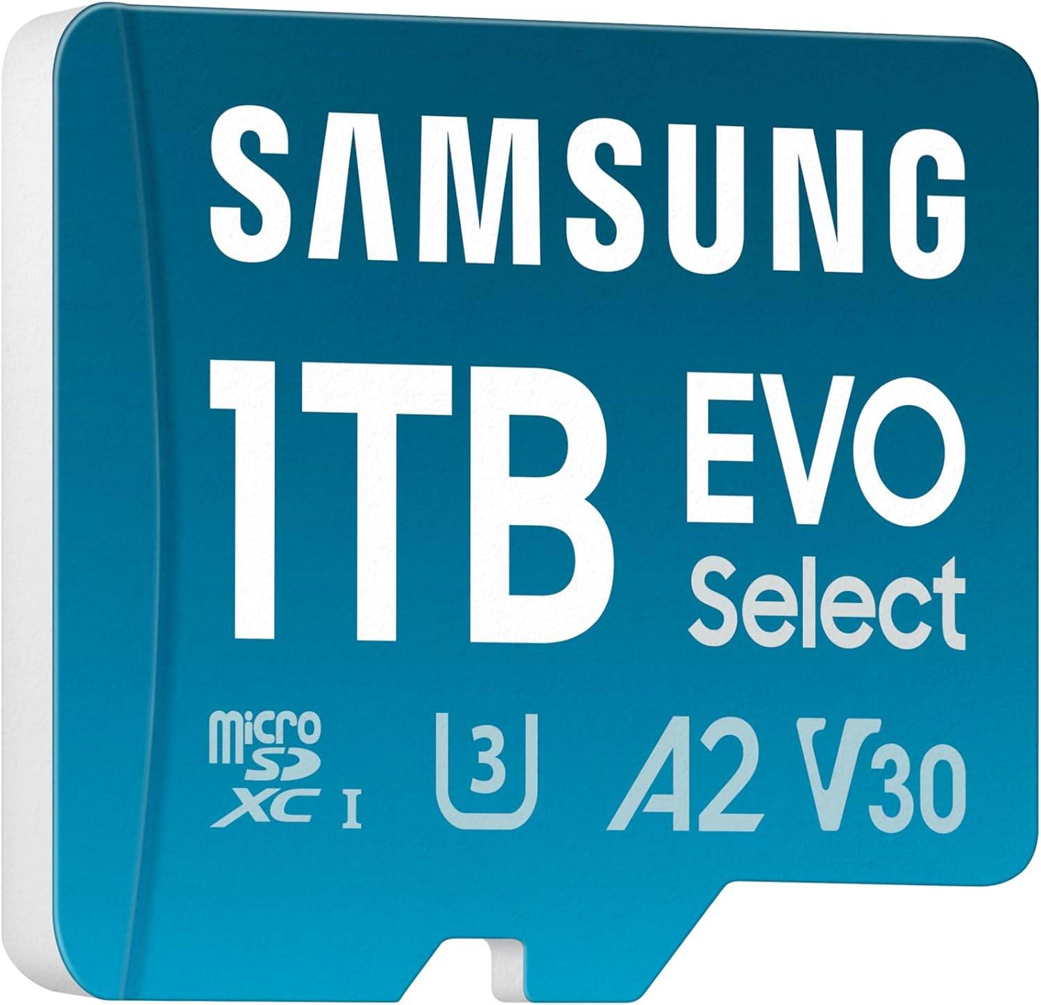 Eine blaue Samsung 1TB EVO Select microSDXC-Speicherkarte mit A2-, V30- und U3-Geschwindigkeitseinstufungen für hochleistungsfähige Speicherung.