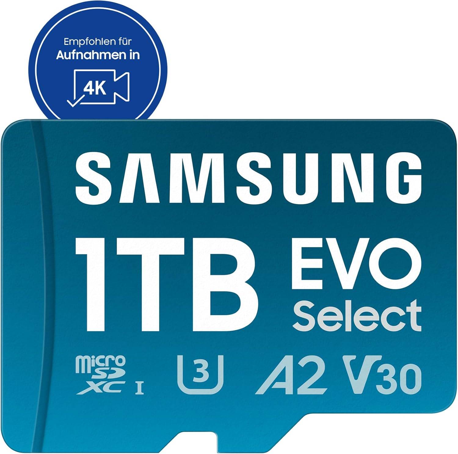 Samsung 1TB EVO Select microSDXC-Karte, U3, A2, V30, empfohlen für 4K-Aufnahmen.