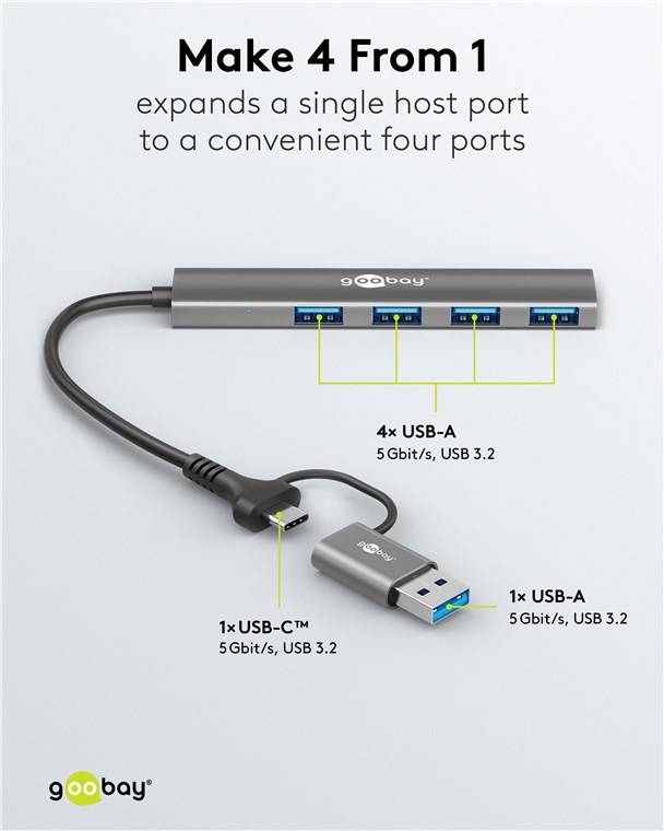 GOOBAY USB3.2 Hub 79149 Slim 4 Port USB-A/USB-C auf USB-A 5 Gbit/s