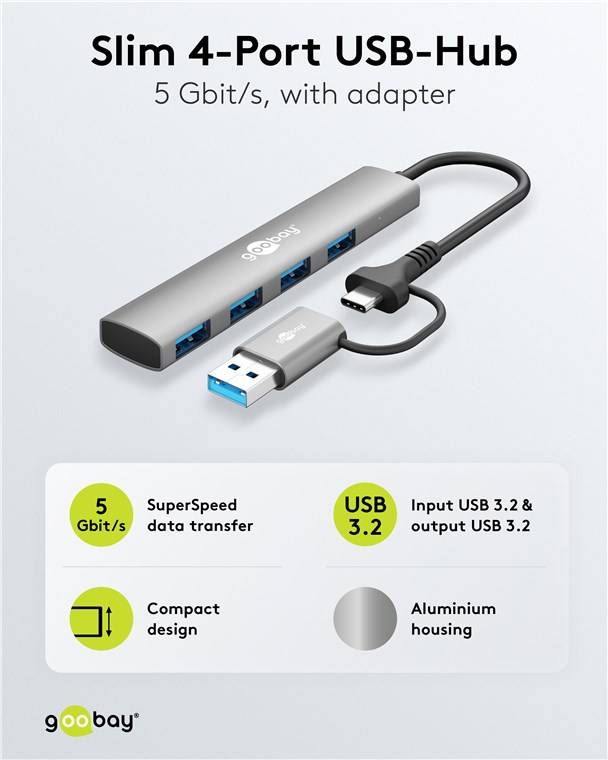 GOOBAY USB3.2 Hub 79149 Slim 4 Port USB-A/USB-C auf USB-A 5 Gbit/s