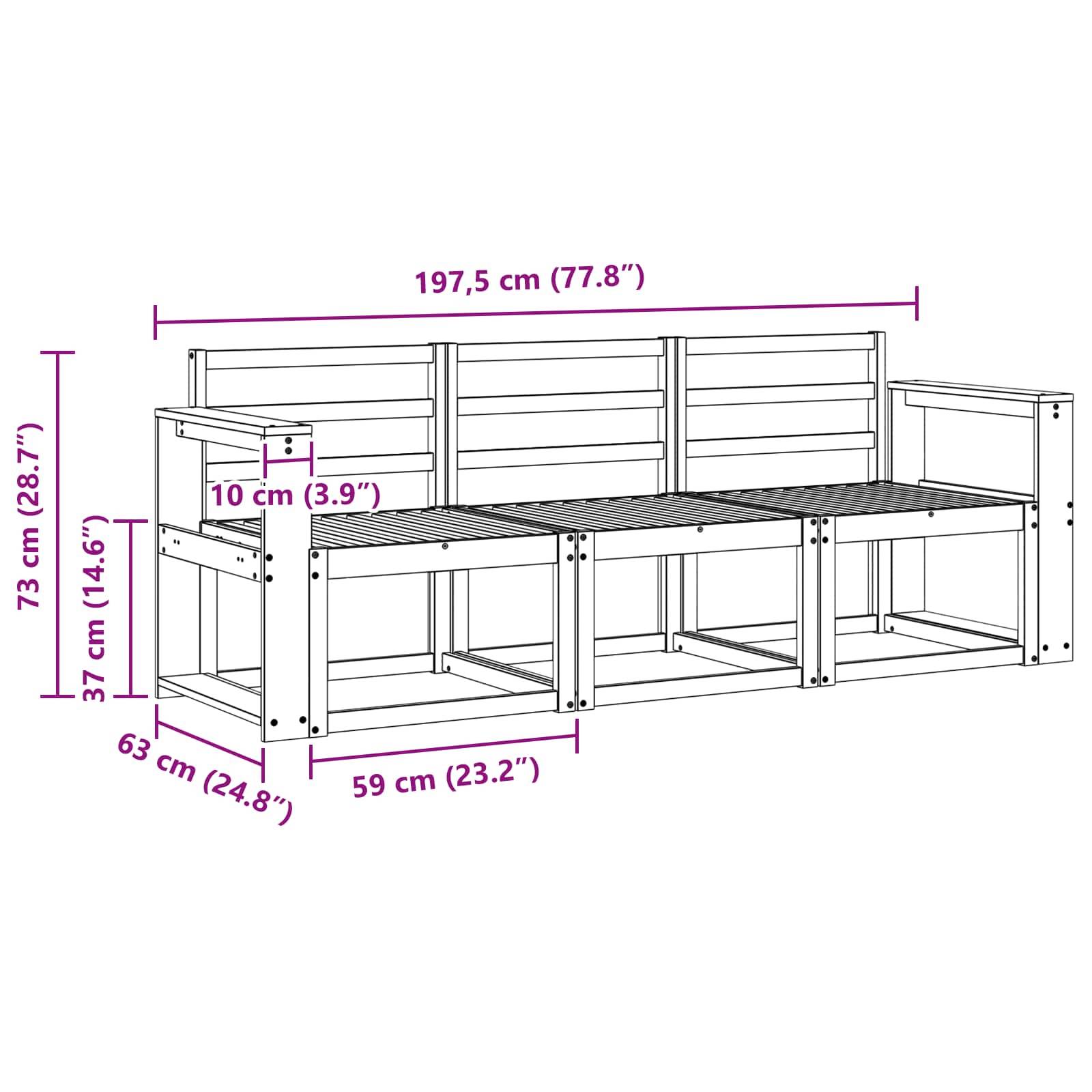 vidaXL Outdoor-Sofagarnitur 3 pcs Weiß 197,5 x 63 x 73 cm