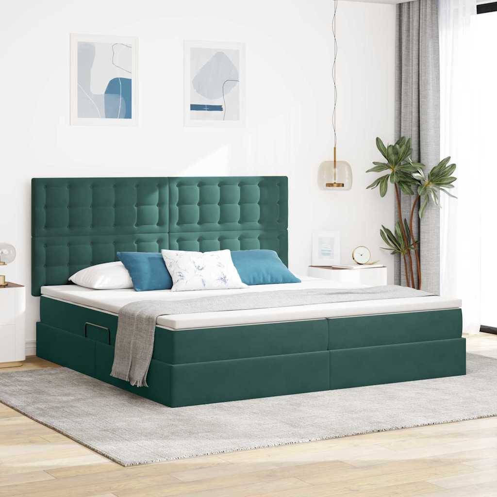 vidaXL LED-Speicherbett mit Matratze Dunkelgrün 200 x 200 cm Samt