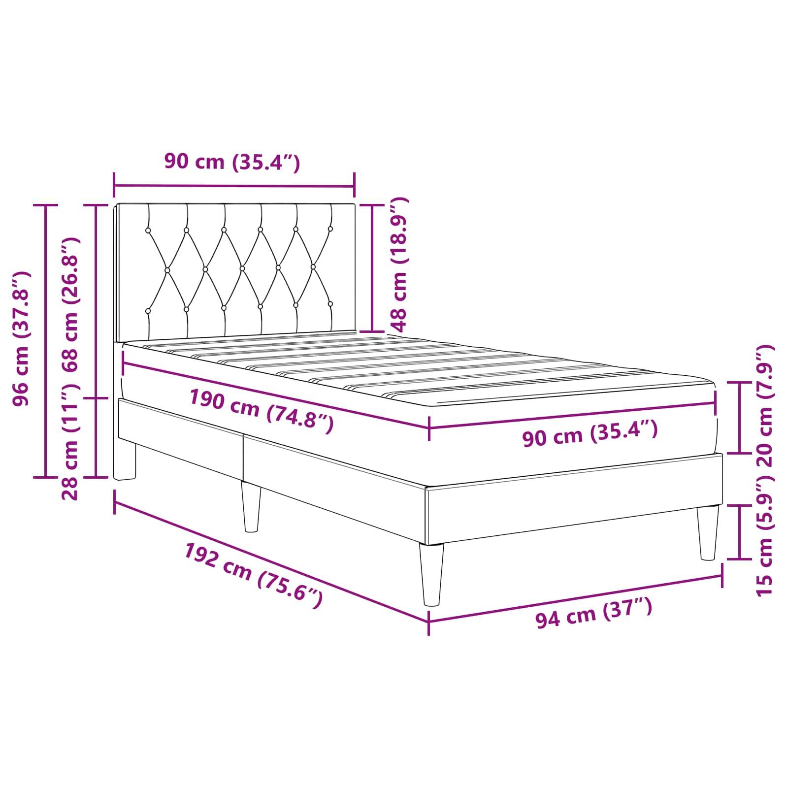 vidaXL Bettgestell mit Matratze mit Kopfteil Hellgrau 90 x 190 cm Samt