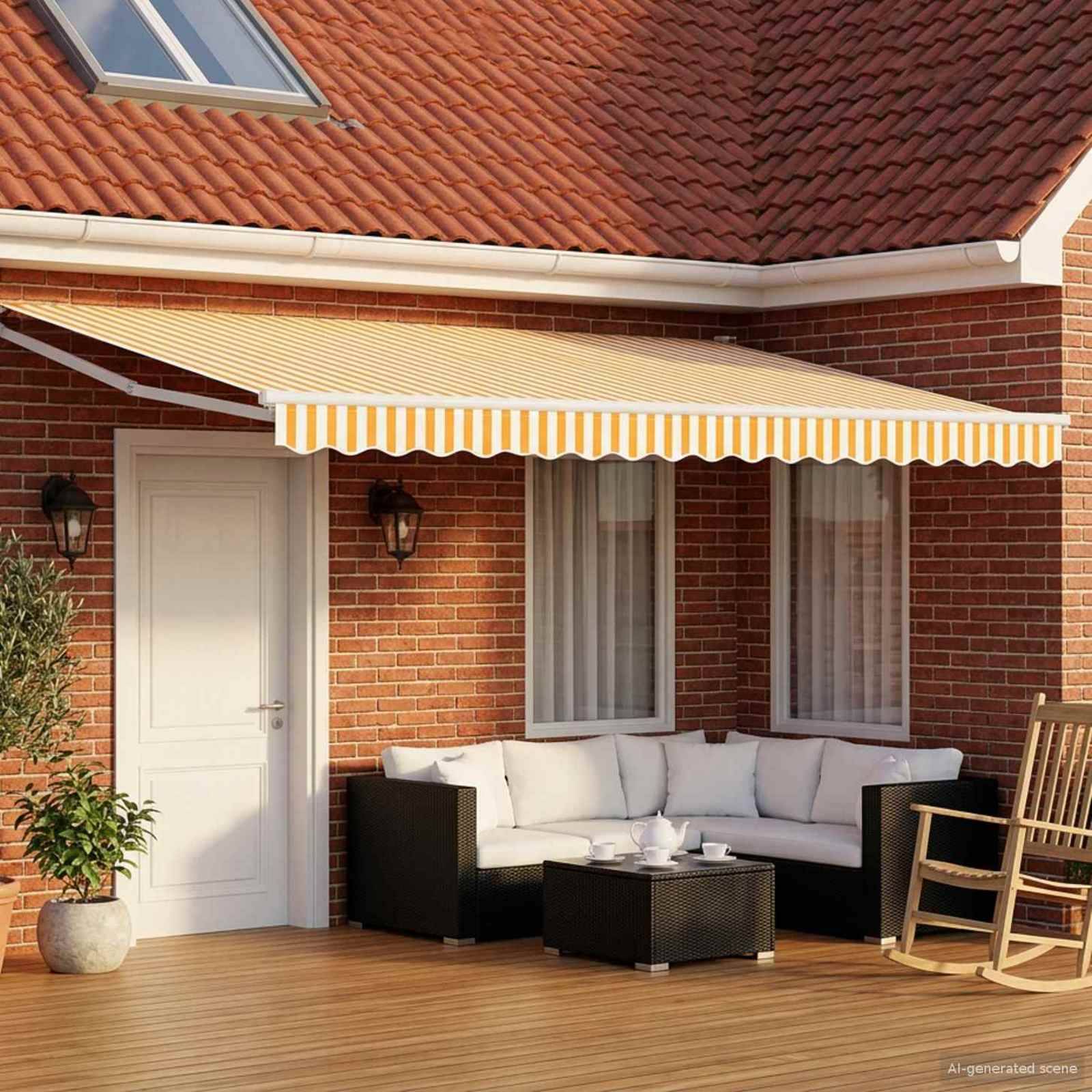 Hauseingang aus Ziegeln mit Terrasse, gelb gestreiftem Sonnenschirm, weißem Ecksofa, Couchtisch und Schaukelstuhl auf einer Holzterrasse.