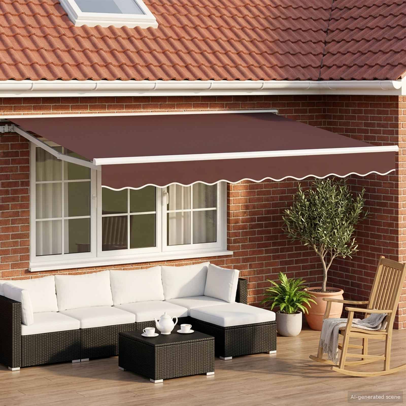 Terrasse mit einer ausfahrbaren Markise, die einen Außenbereich mit weißem Ecksofa, Couchtisch, Schaukelstuhl und Topfpflanzen neben einem Backsteinhaus beschattet.