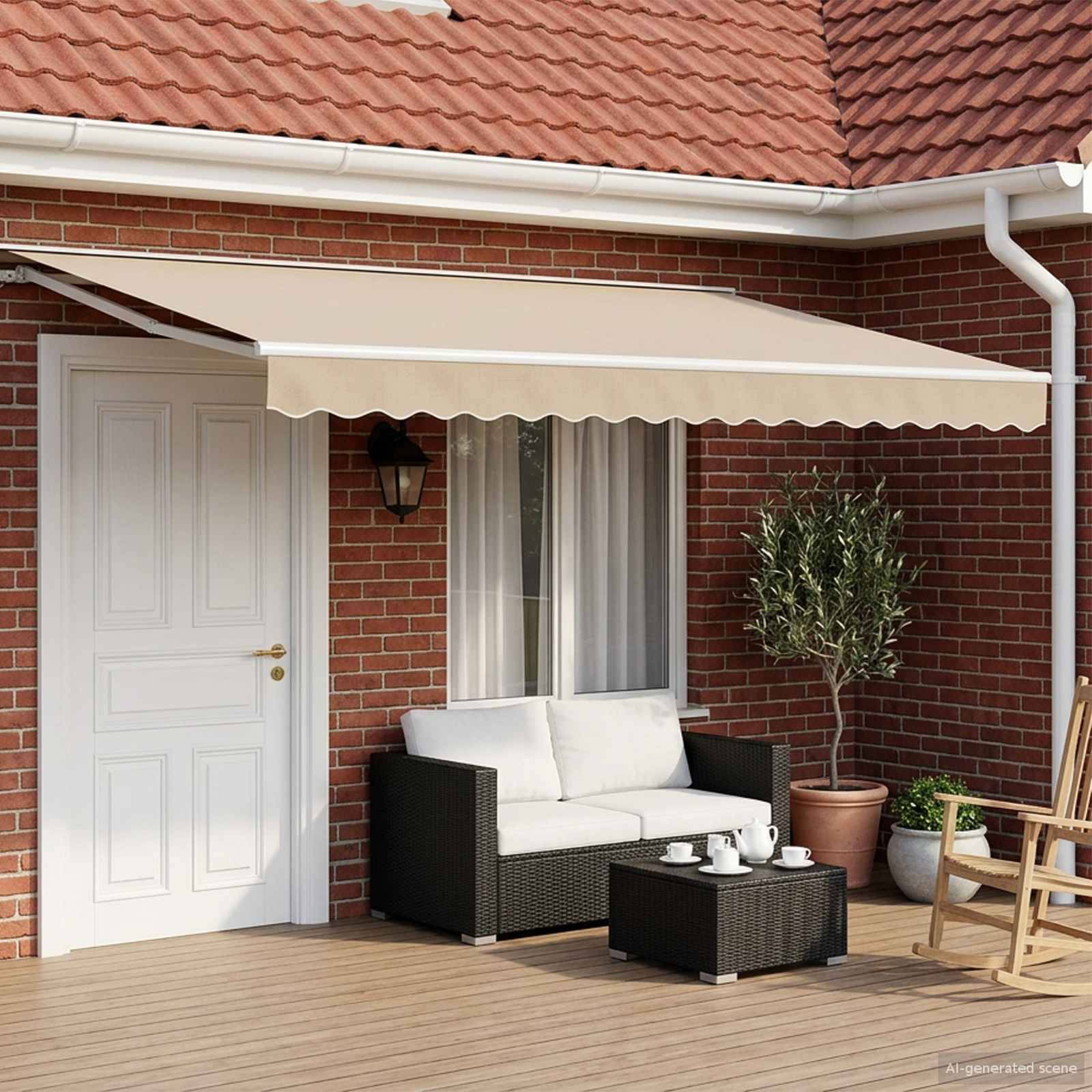 Backstein-Terrasse mit beigem einfahrbarem Markisendach, Outdoor-Sofa, Couchtisch, Topfpflanze und Schaukelstuhl vor dem Hauseingang.