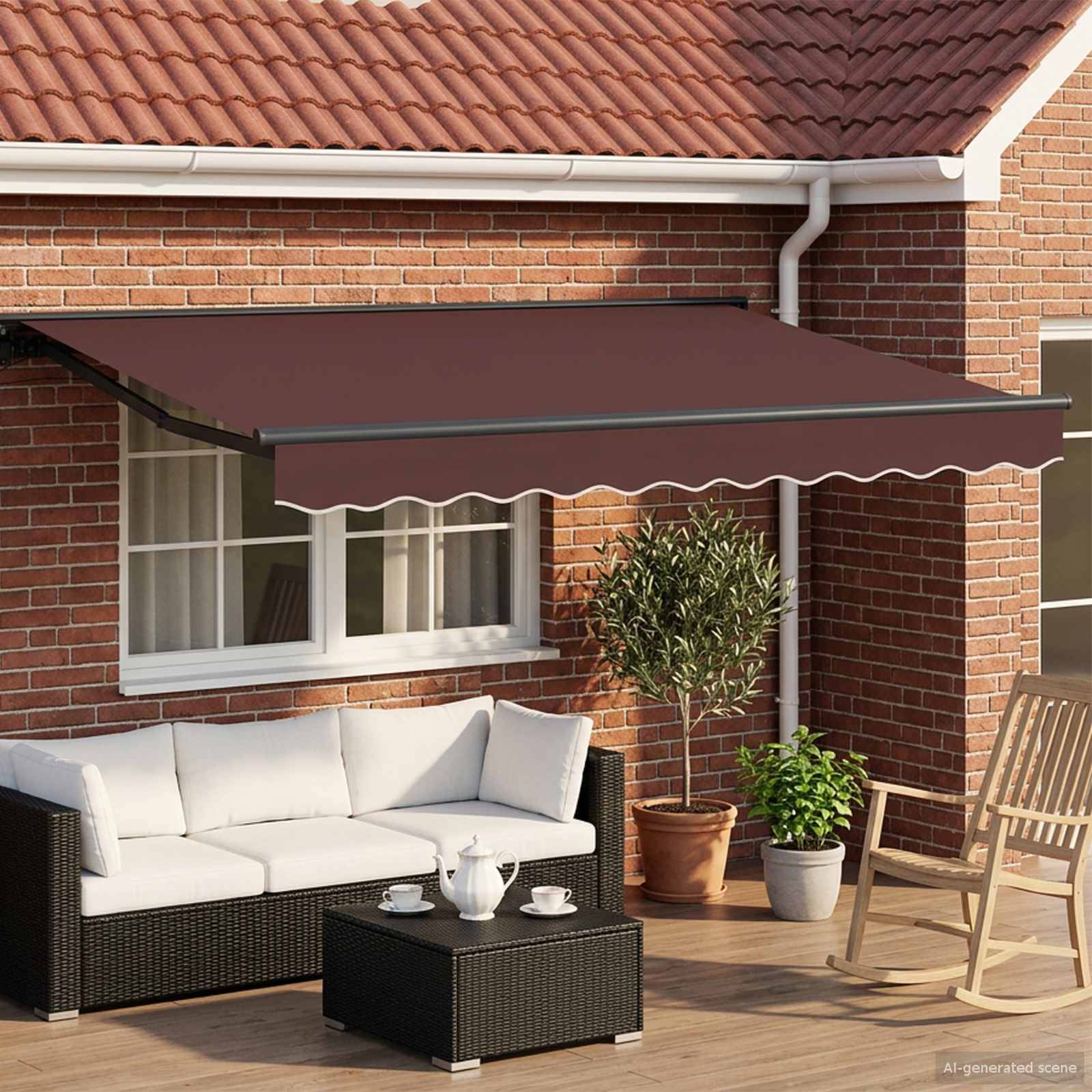 Ziegelhausveranda mit braunem ausfahrbarem Markisenschirm, der einen Außensitzbereich mit Sofa, Couchtisch, Pflanzen und Schaukelstuhl beschattet.