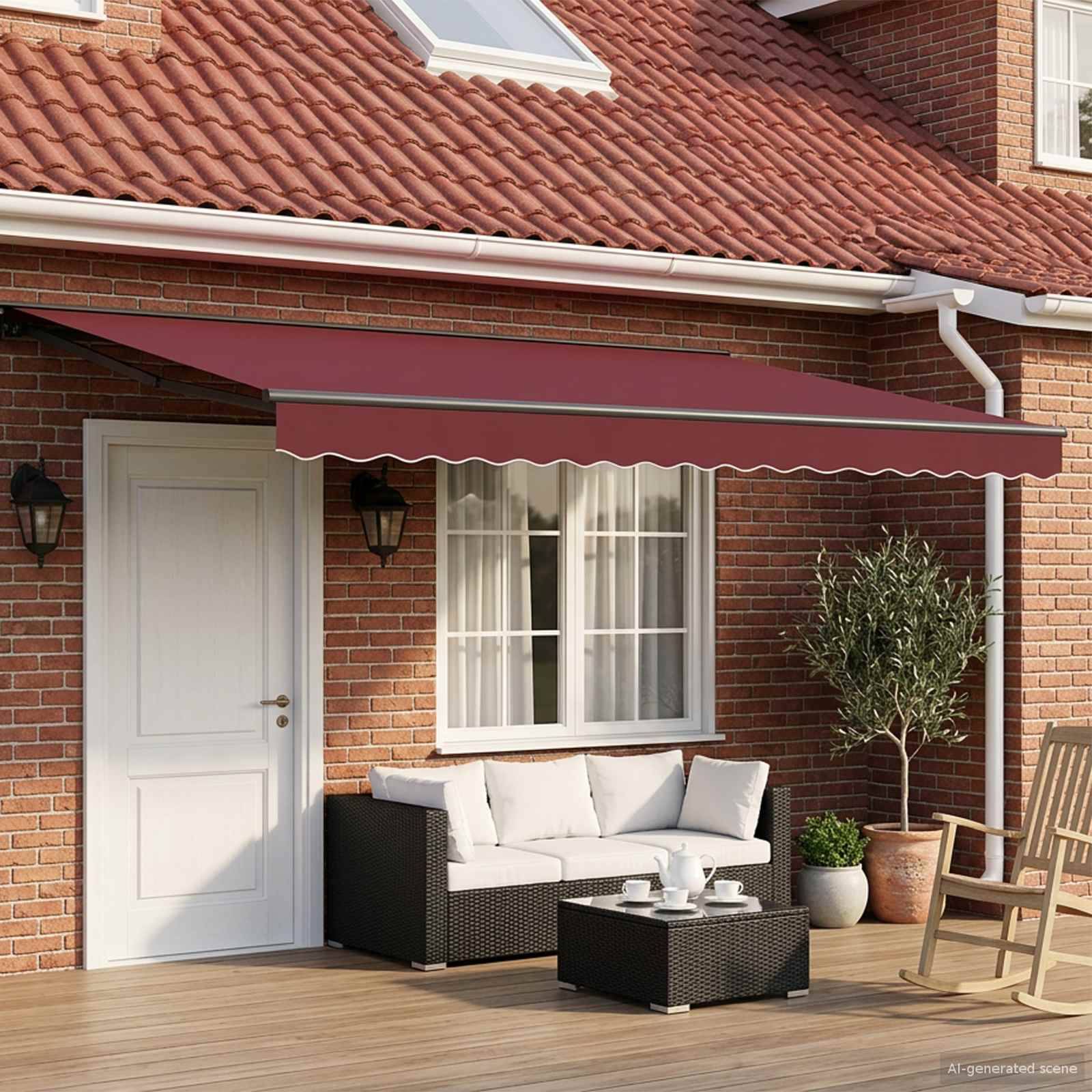 Ziegelhausveranda mit bordeauxroter Markise, Außensofa und Tisch neben einer weißen Tür und einem Fenster, mit Topfpflanzen und Schaukelstuhl.