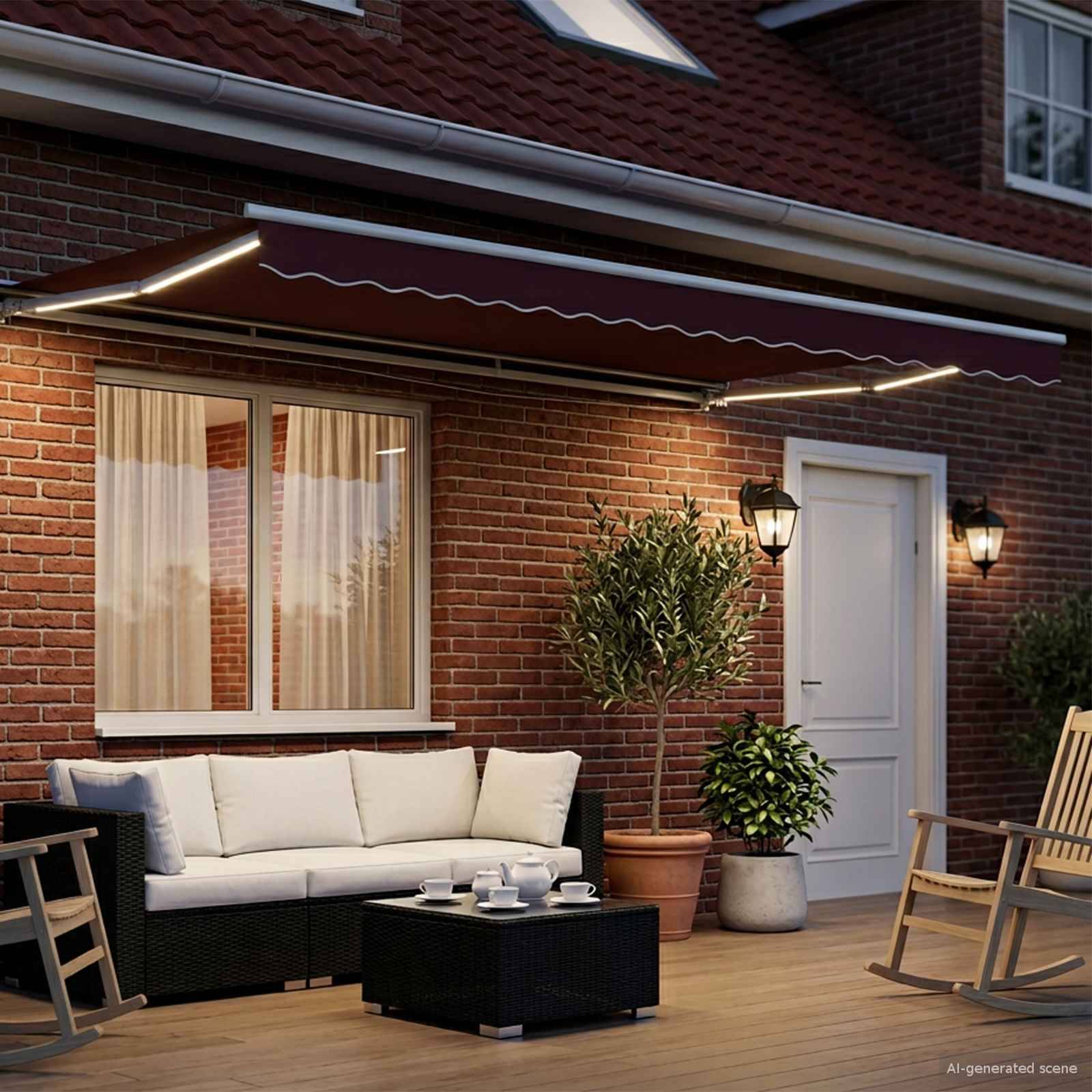 Gemütliche Ziegelpflaster-Terrasse mit beleuchteter Markise, Außensofa, Couchtisch, Schaukelstühlen, Topfpflanzen und einer weißen Tür in der Dämmerung.