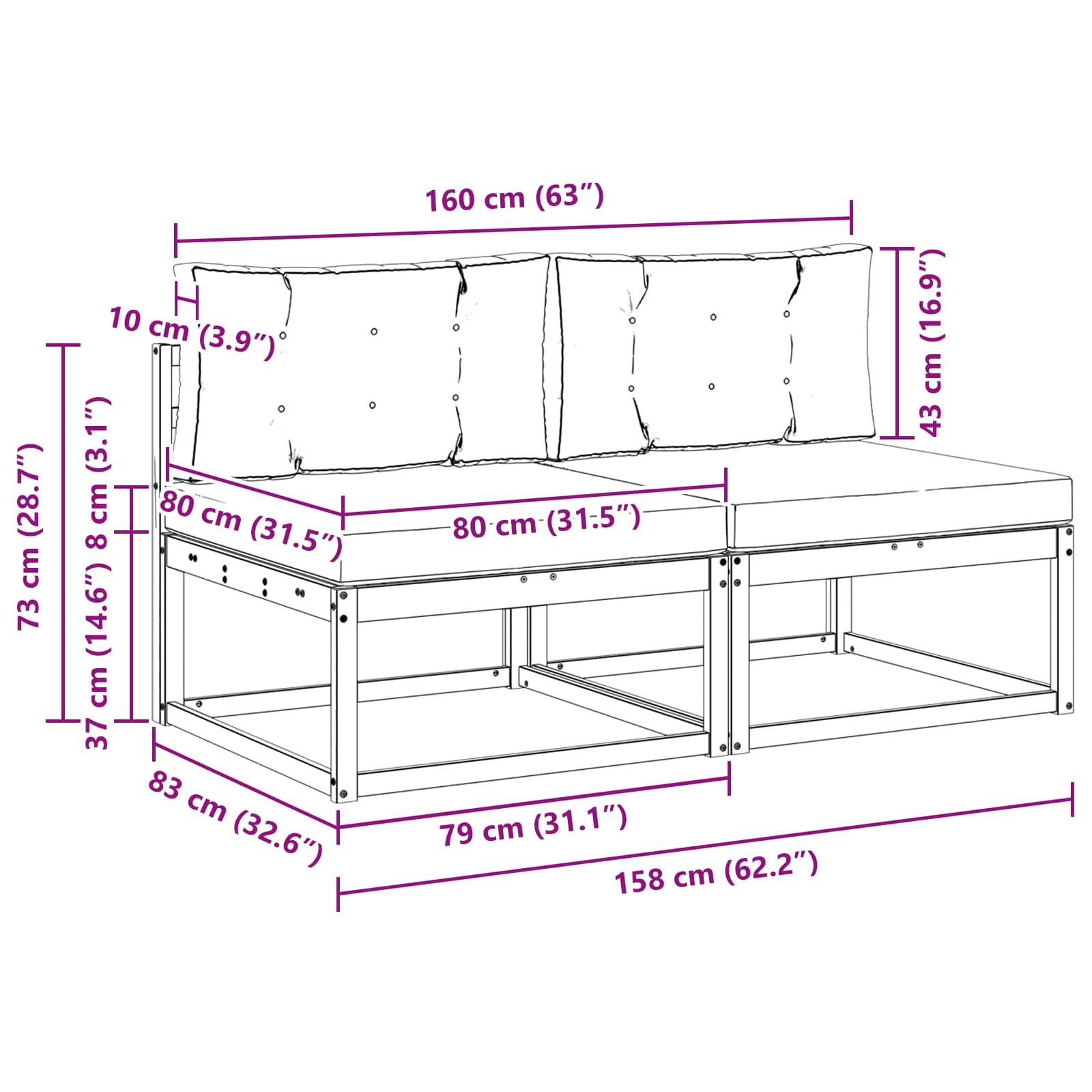 vidaXL Outdoor Mittelsofa mit Kissen 2 Stück Natur Massivholz Akazie