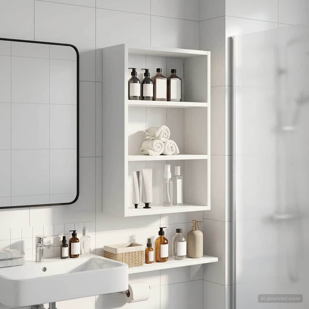 Modernes Badezimmer mit wandmontiertem Waschbecken, Spiegel, Regal mit Toilettenartikeln und Handtüchern sowie einem Duschbereich mit mattierter Glastür.