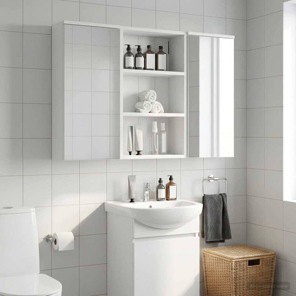 Modernes weißes Badezimmer mit einem Waschbecken-Waschtisch, Spiegelschrank, offenen Regalen mit Toilettenartikeln und Handtüchern, Toilette und Weidenkorb für Wäsche.