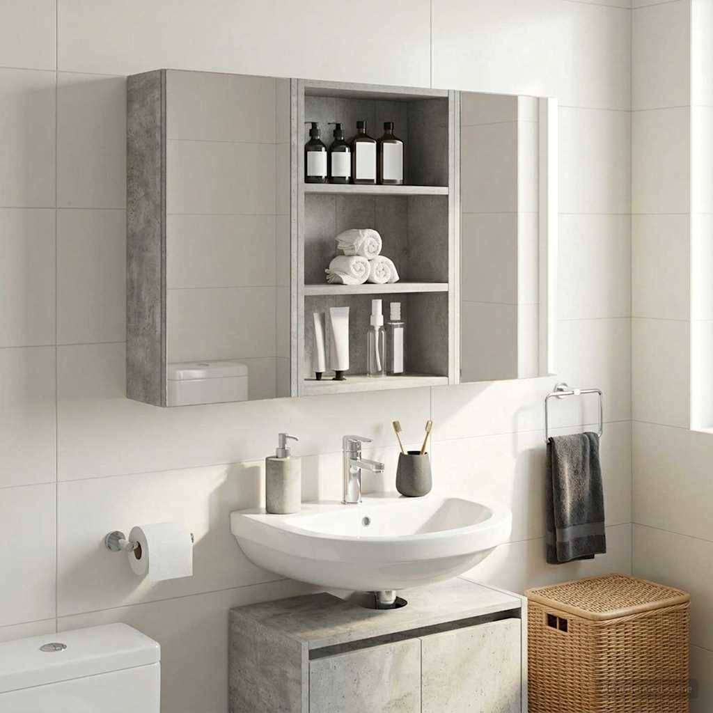 Modernes Badezimmer mit an der Wand montiertem Spiegelschrank, Waschbecken, Toilette, Handtuchhalter und gewebtem Wäschekorb auf einem grauen Waschtisch