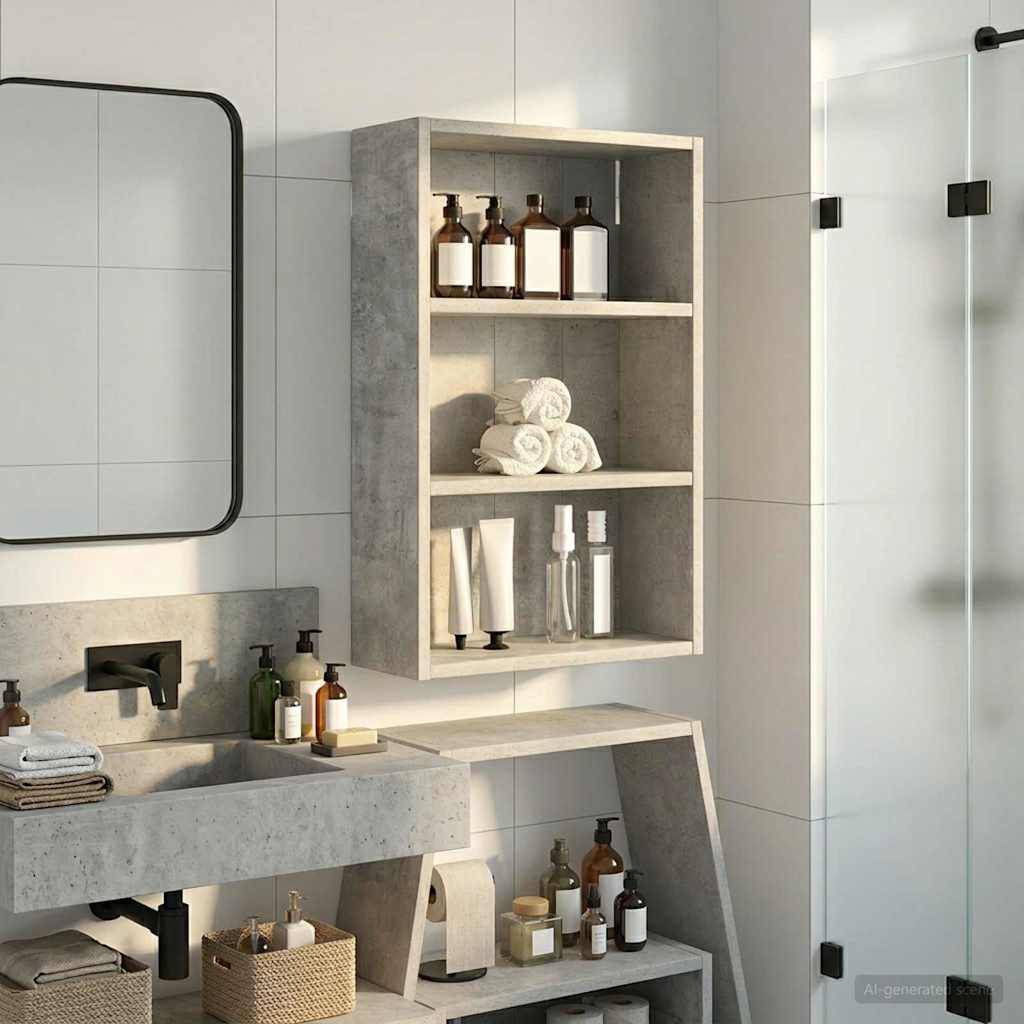 Modernes Badezimmer mit Betonwaschbecken und Wandschrank mit Toilettenartikeln, aufgerollten Handtüchern und Flaschen sowie einer Glasschiebetür zur Dusche.