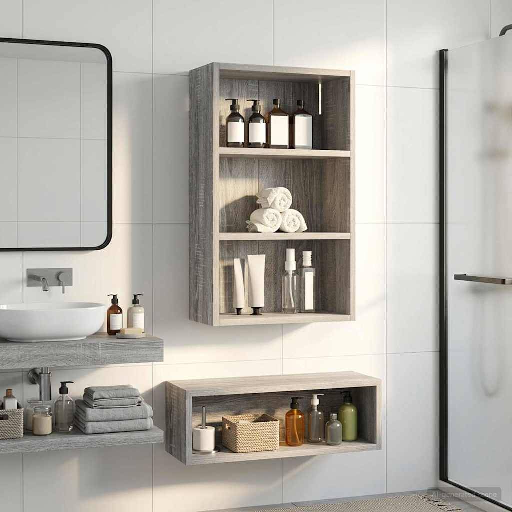 Modernes Badezimmer mit an der Wand befestigten Holzschränken, die Toilettenartikel, Handtücher und Flaschen neben einem Waschbecken und einer gläsernen Dusche halten.