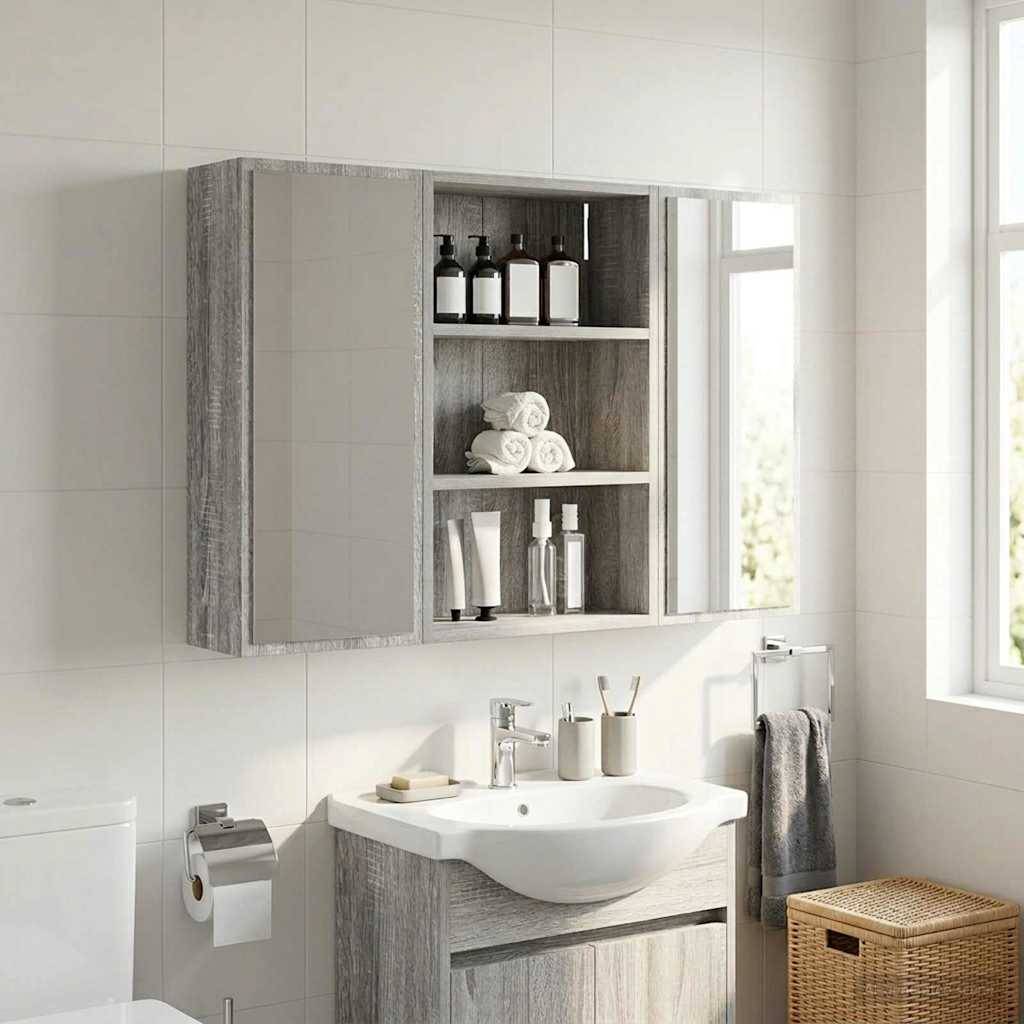 Modernes Badezimmer-Waschtisch mit Wandschrank, Spiegel, Waschbecken, Handtücher, Toilettenpapierhalter und Weidenkorb neben einem hellen Fenster.