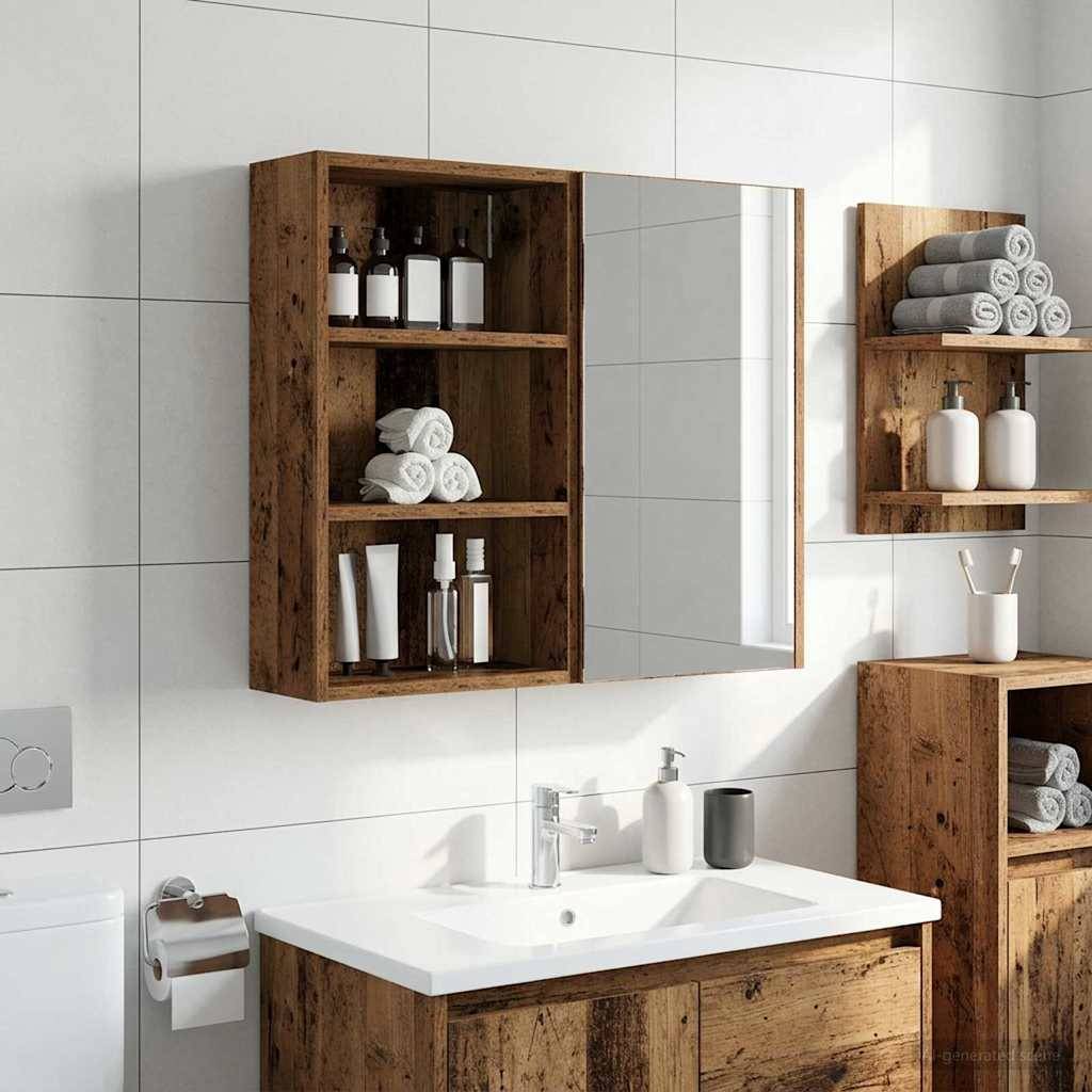 Modernes Badezimmer mit weißem Waschbecken und Spiegel, umgeben von rustikalen Holzregalen mit Handtüchern und Toilettenartikeln.