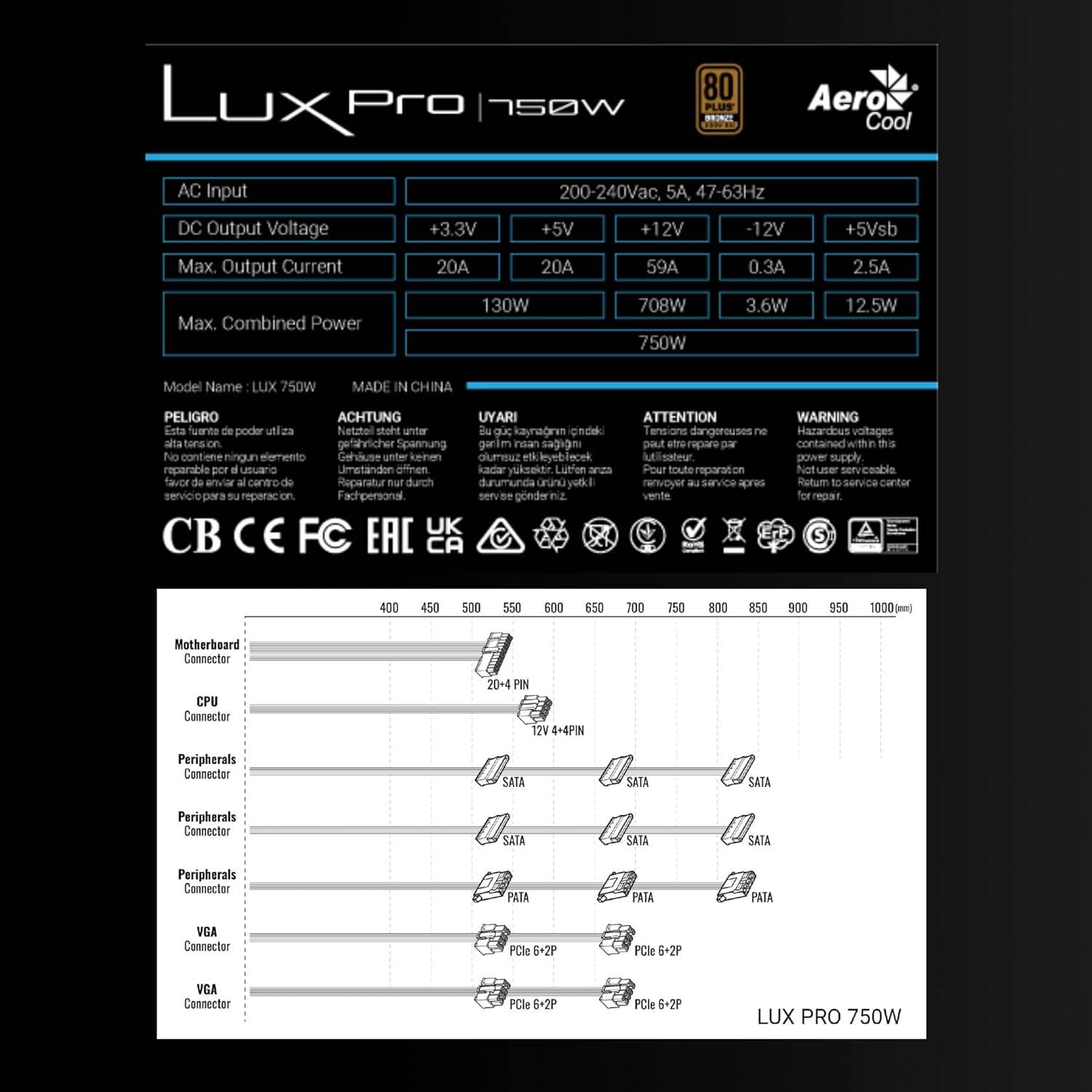 Aerocool LUXPRO750 Netzteil 750W 80Plus Bronze 230V EU Zertifiziert Schwarz