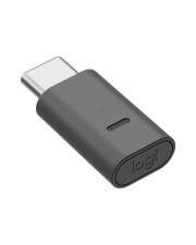 USB-C zu Logitech-Adapter-Dongle, dargestellt als kleiner schwarzer Stecker mit silbernem USB-C-Stecker.