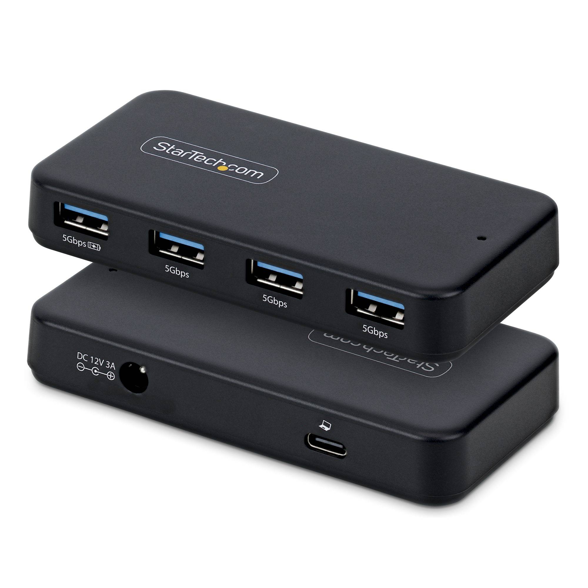 StarTech.com USB-Hub, gestapelt dargestellt, mit vier 5-Gbps-USB-A-Anschlüssen auf der oberen Einheit und Stromversorgung sowie USB-C-Anschlüssen auf der unteren Einheit.