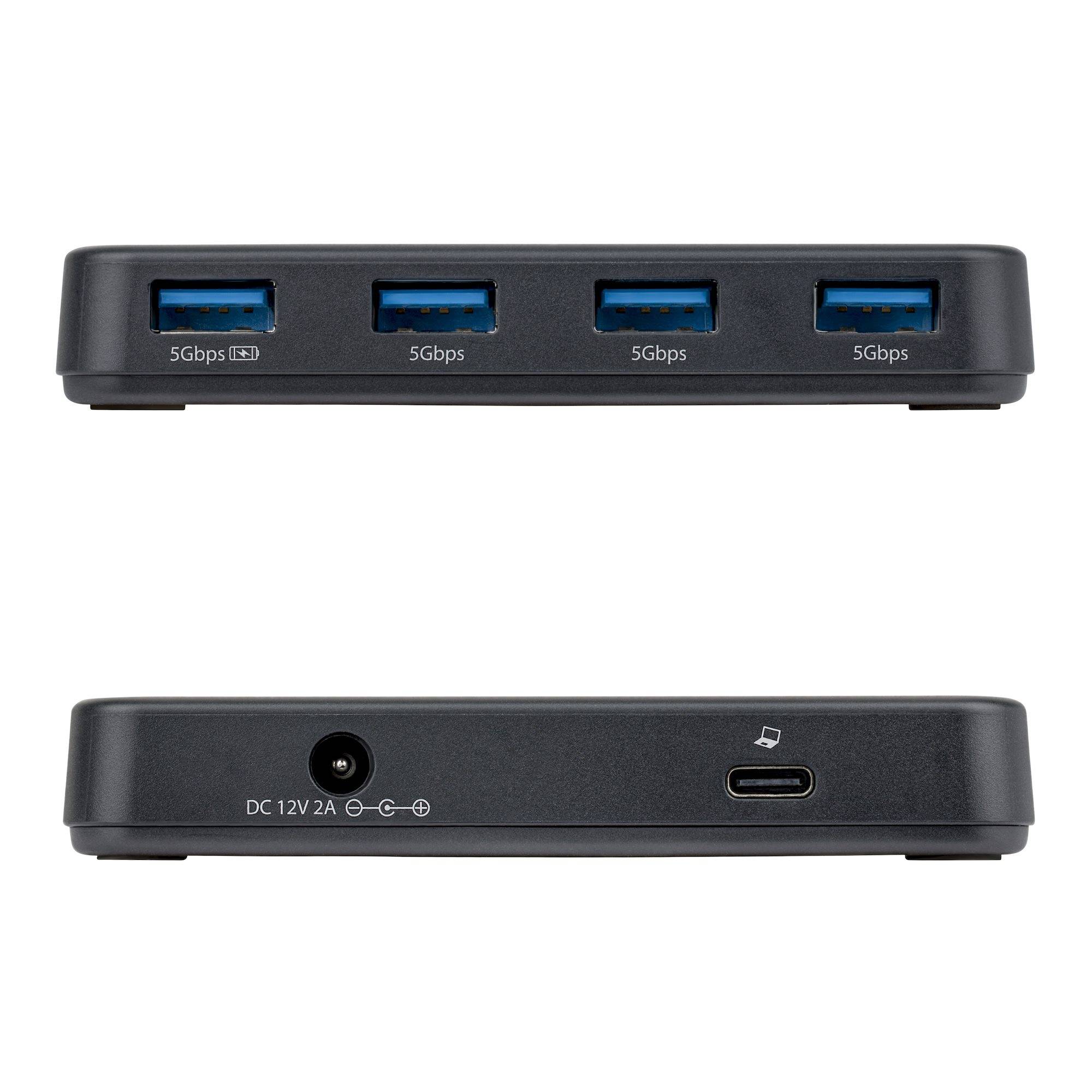Schwarzer 4-Port-USB-Hub, von vorne und hinten gezeigt, mit vier blauen USB-A-5Gbps-Ports und einem USB-C-Stromversorgungs-/Eingangsport mit der Beschriftung DC 12V 2A.