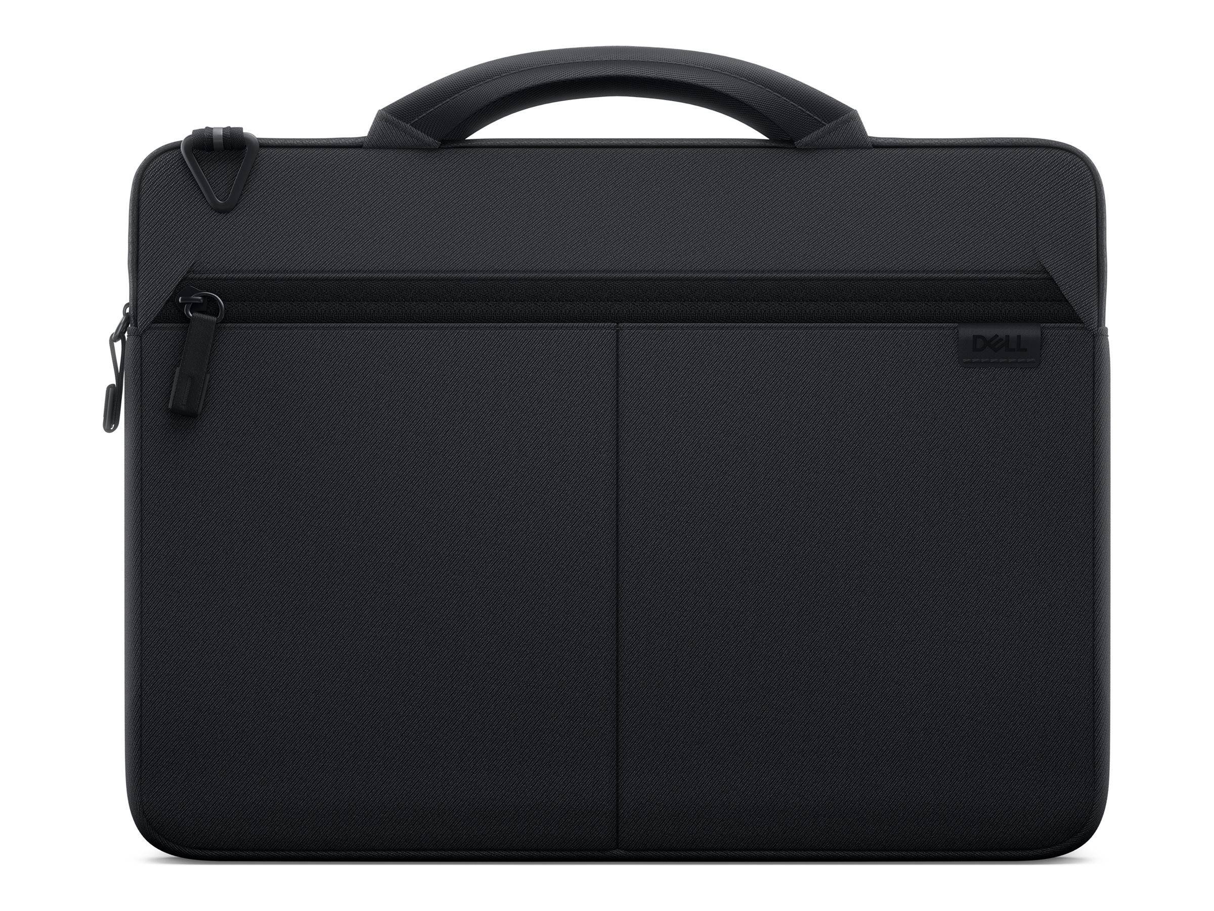 Schwarze Dell-Laptop-Aktentasche mit Griff oben und Reißverschlusstaschen vorne, auf weißem Hintergrund gezeigt.