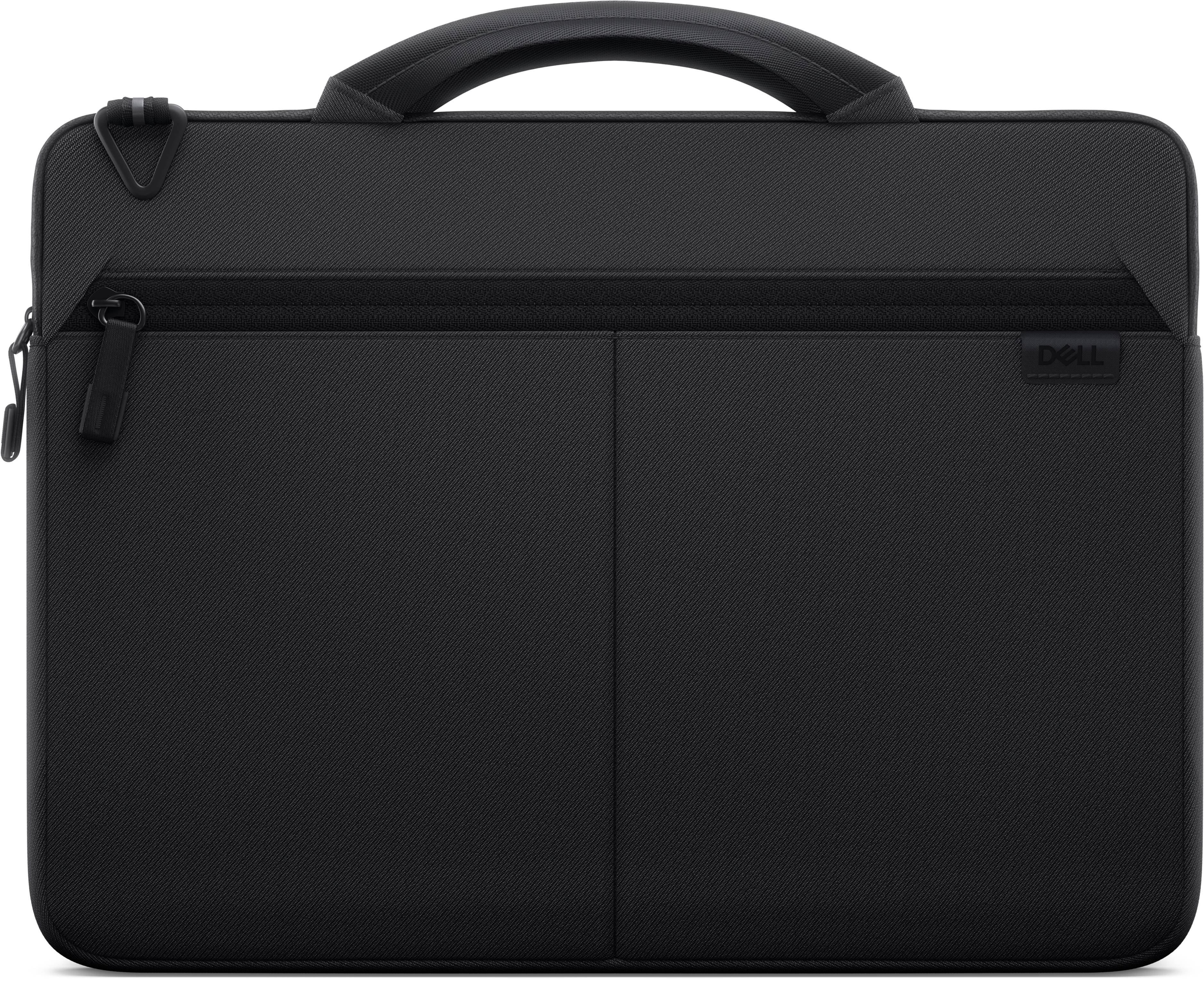 Schwarze Dell-Laptop-Tragetasche mit Griff oben, vorderer Reißverschlusstasche und gepolsterter rechteckiger Form.