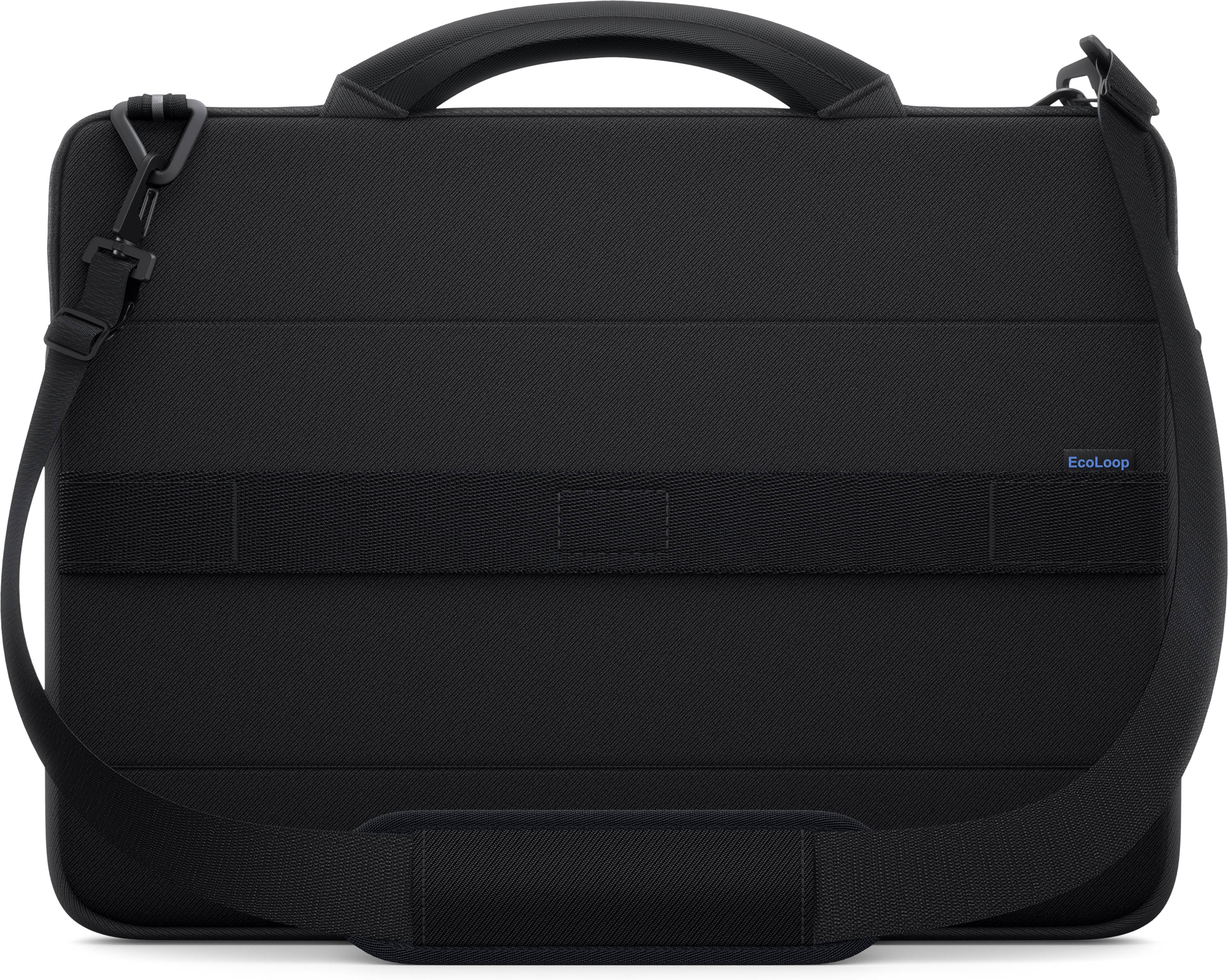 Schwarze Laptop-Aktentasche mit Schultergurt, Tragegriff und vorderer Reißverschlusstasche, vor einem neutralen Hintergrund dargestellt.