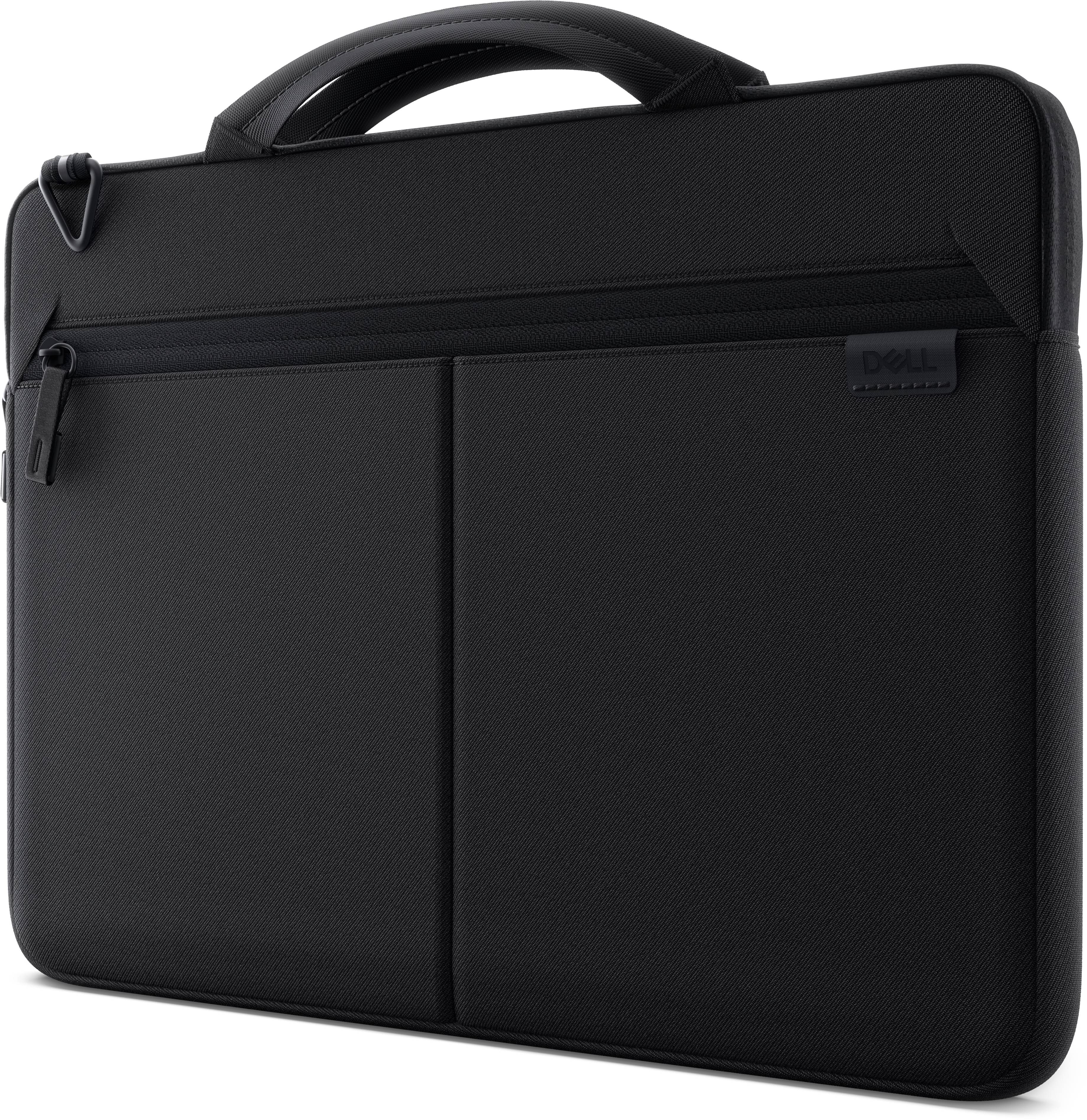 Schwarze Dell-Laptop-Tragetasche mit Griff, vorderer Reißverschlusstasche und zwei vorderen Paneelen auf einfachem Hintergrund.