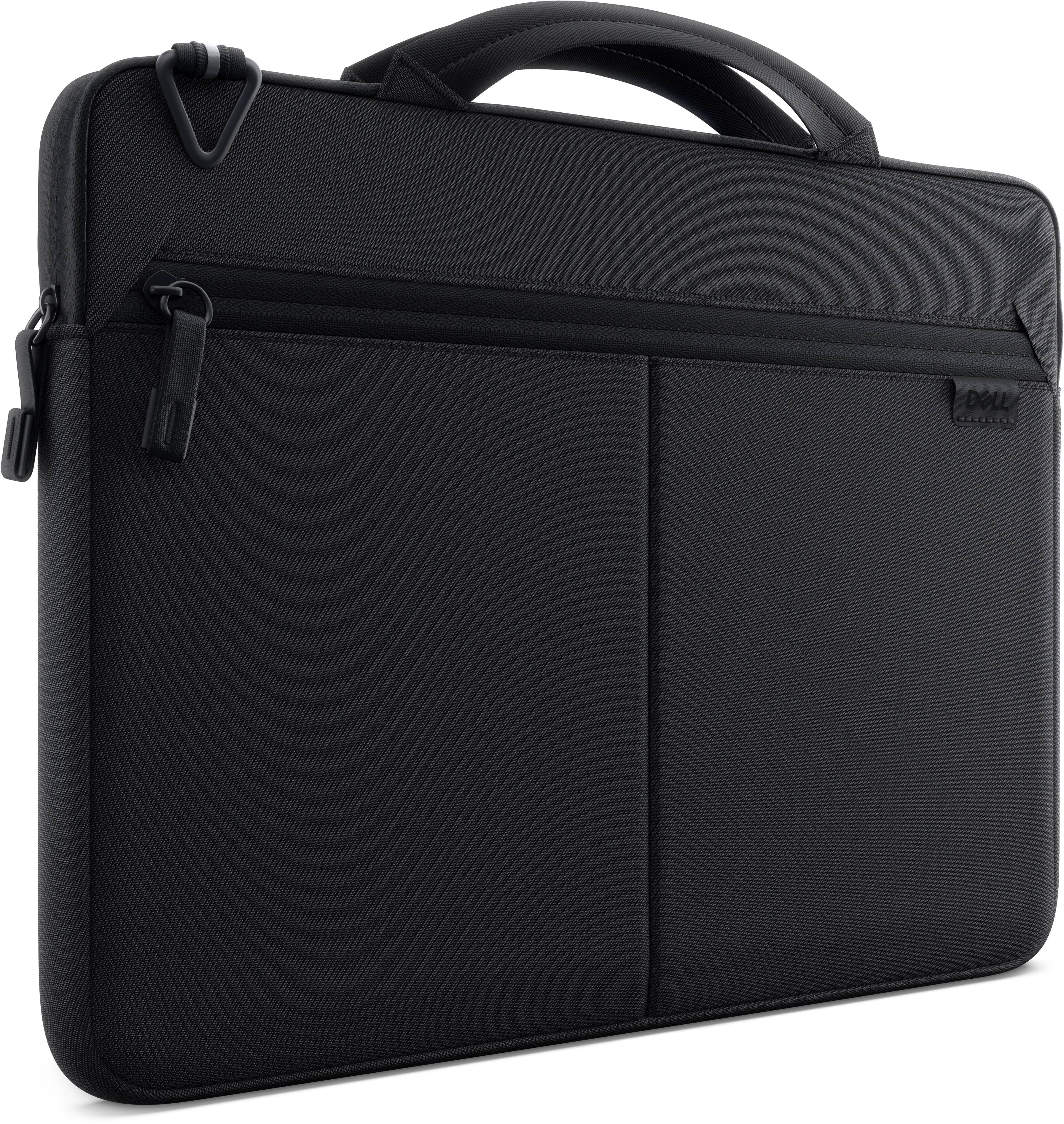 Schwarze Dell-Laptop-Tasche mit Griff und vorderen Taschen, gezeigt auf einfachem dunklem Hintergrund.