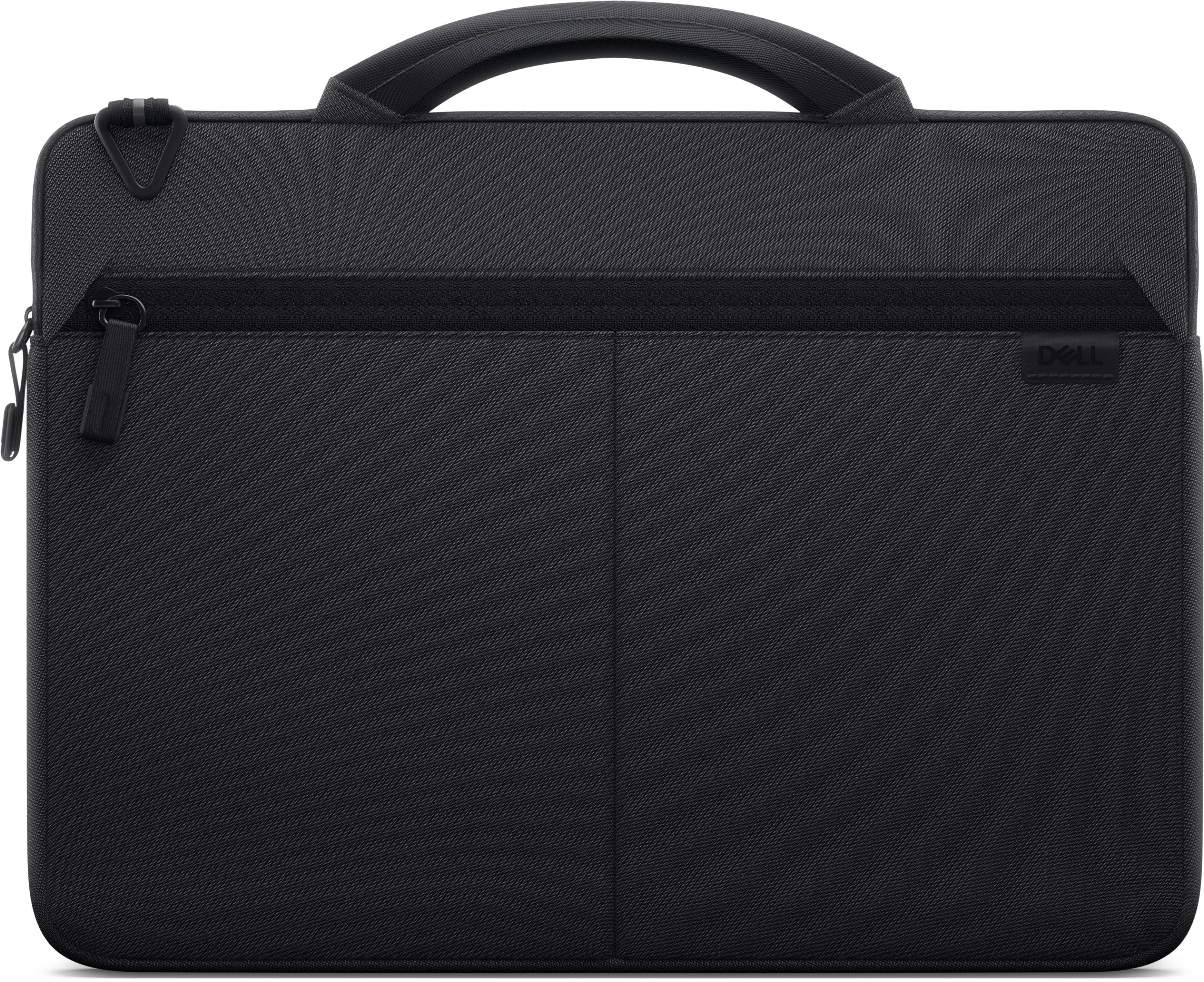 Schwarze Dell-Laptop-Tragetasche mit Tragegriff oben, Reißverschlusstasche vorne und gepolsterten Ärmeln.