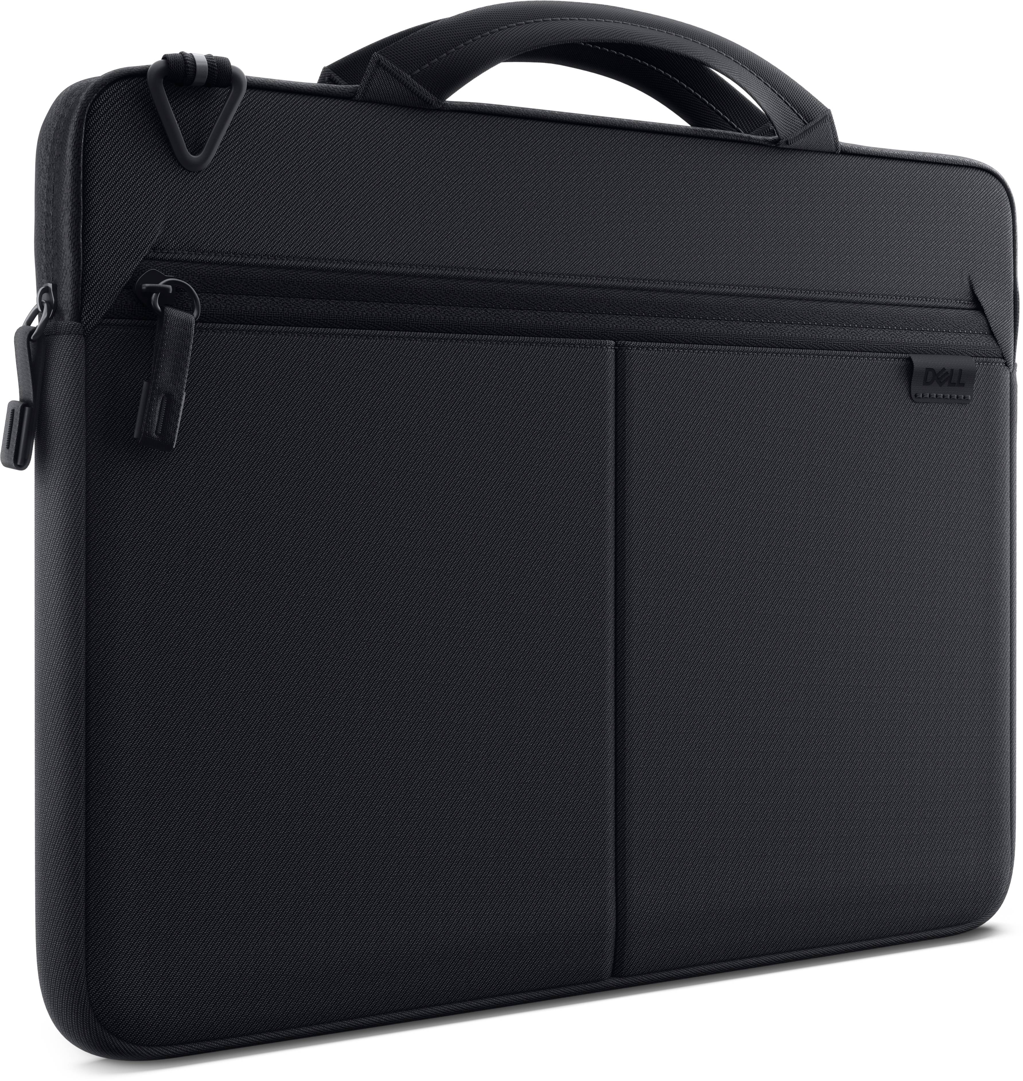 Schwarze Laptop-Aktentasche mit Griffen oben, Reißverschlusstasche vorne und Schultergurt auf weißem Hintergrund.