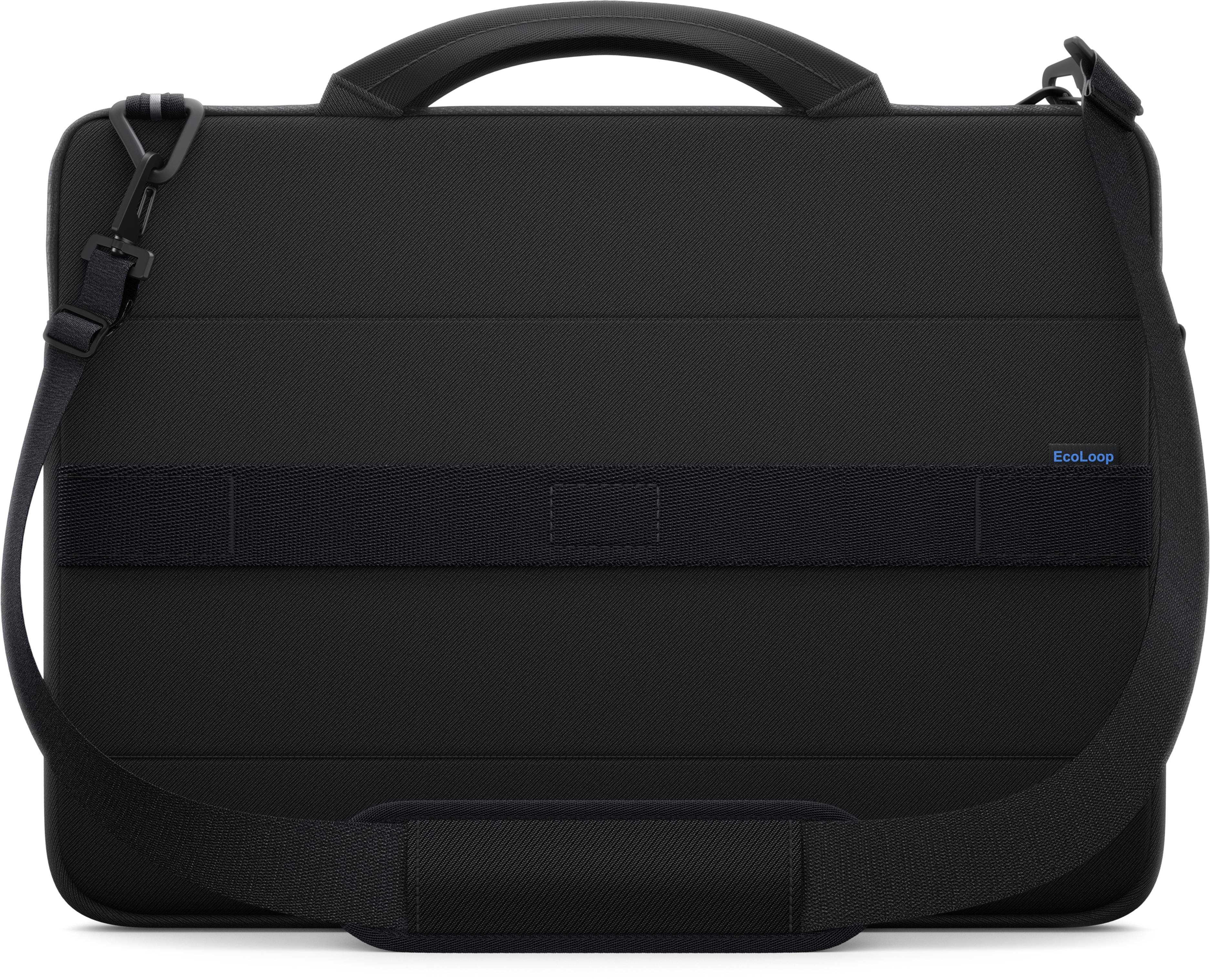 Schwarze TecLoop-Schultertasche mit Griff, verstellbarem Riemen und vorderer Klapptasche, vor neutralem Hintergrund abgebildet.