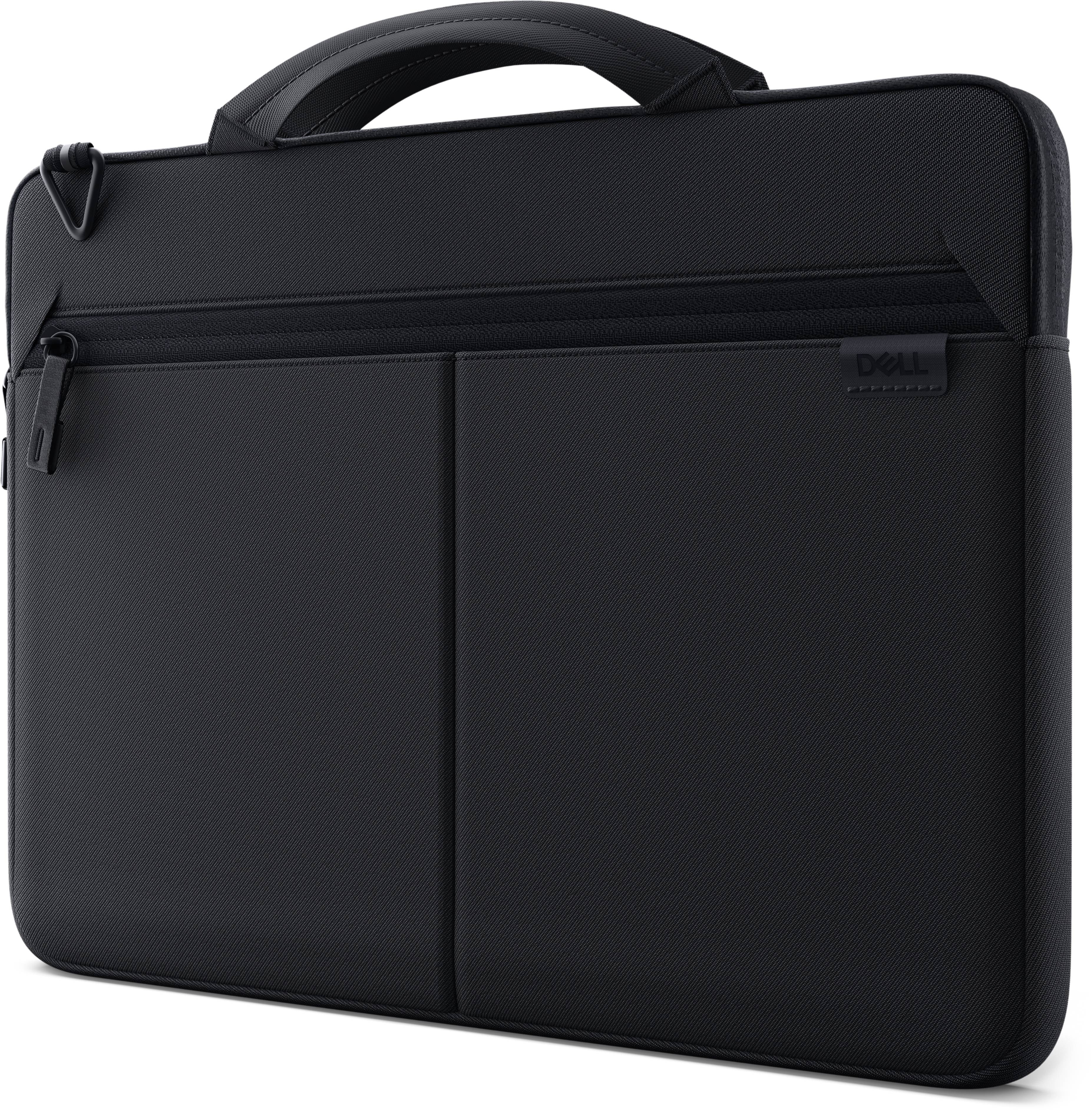 Schwarze Dell-Laptop-Schutztasche mit Tragegriff oben und Reißverschlusstasche vorne auf einfarbigem Hintergrund.