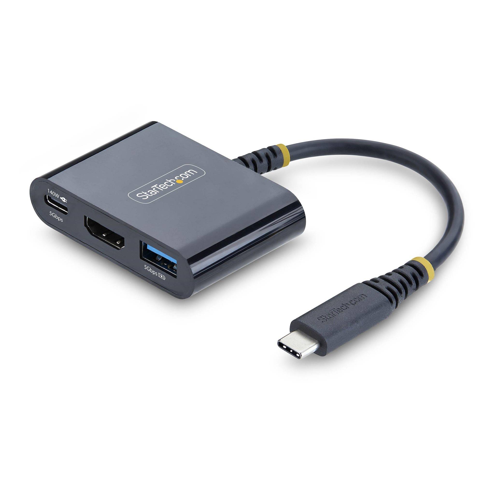 StarTech.com USB-C zu HDMI und USB-A Hub-Adapter mit angeschlossenem Kabel und USB-C-Anschluss