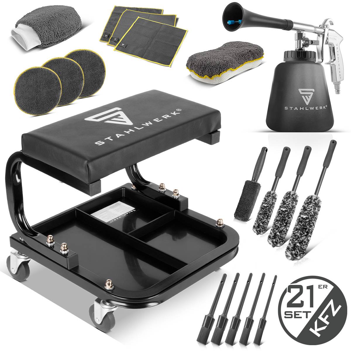 STAHLWERK Kfz-Detailing-Set mit Rollhocker, Tornado-Reinigungspistole