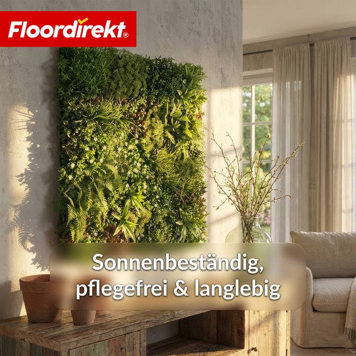 FLOORDIREKT Pflanzenwand Wonderland - Natürliches, pflegefreies Kunstpflanzen-Panel - Sonnenbeständig & individuell erweiterbar - 100 × 100 cm
