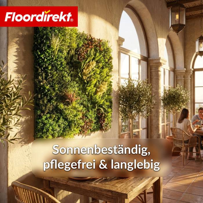 FLOORDIREKT Pflanzenwand Hera - Natürliches, pflegefreies Kunstpflanzen-Panel - Sonnenbeständig & individuell erweiterbar - 100 × 100 cm