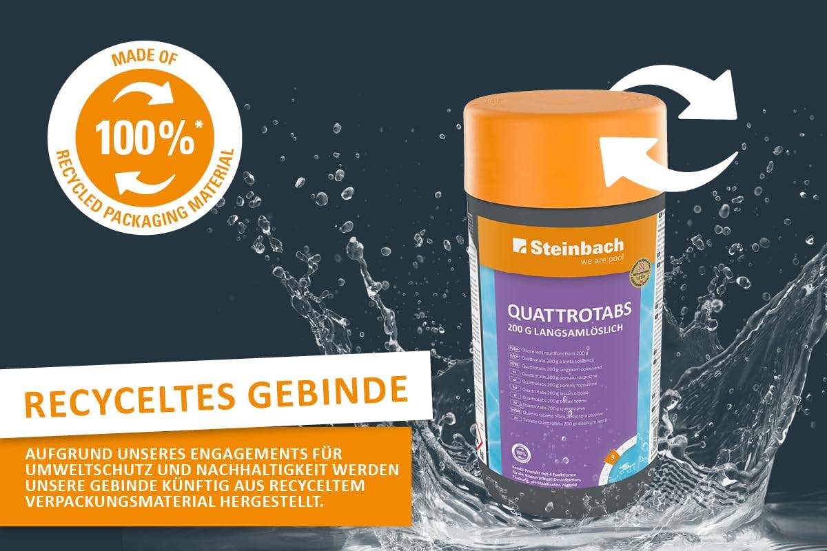 Steinbach Poolpflege Quattrotabs 200g langsamlöslich - 0752601TV08-8X 1 kg - 4-in-1 Chlortabletten mit Flockungsmittel - pH-Stabilisator & Algenverh