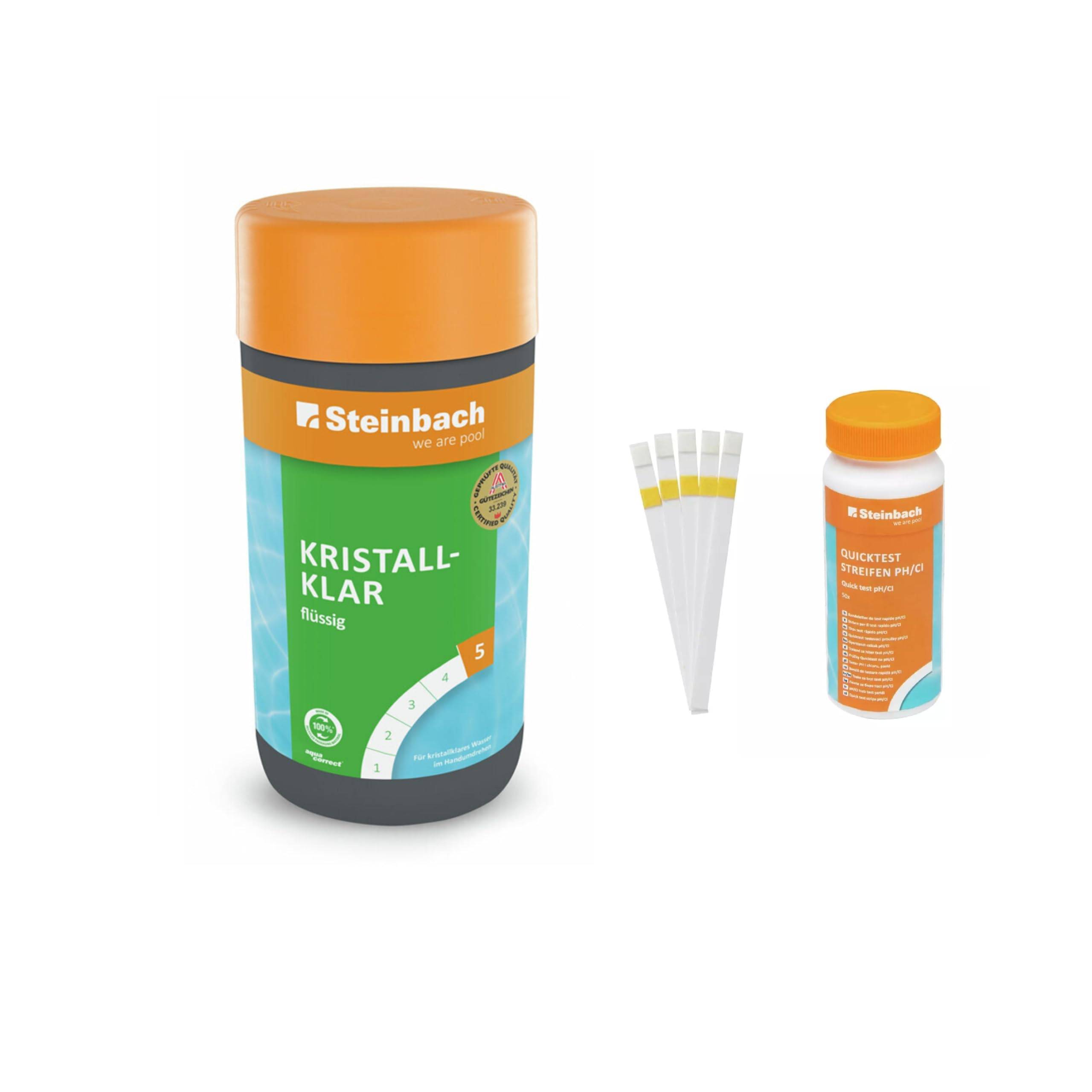 Steinbach | Poolpflege Kristallklar Starter-Set | flüssig, 1 l | mit 50er Teststreifen-Kit | ideal zur Wasserkontrolle | Poolwasser sauber und
