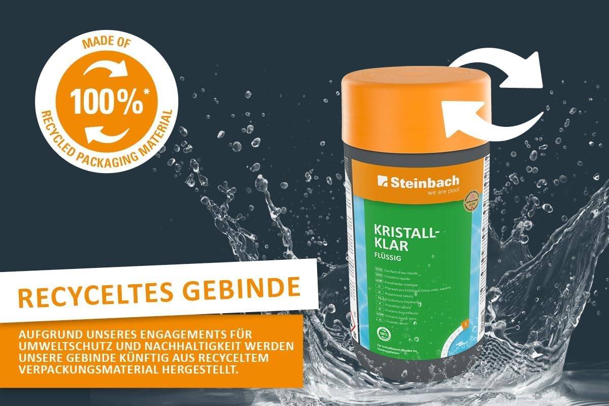 Steinbach | Poolpflege Kristallklar Starter-Set | flüssig, 1 l | mit 50er Teststreifen-Kit | ideal zur Wasserkontrolle | Poolwasser sauber und