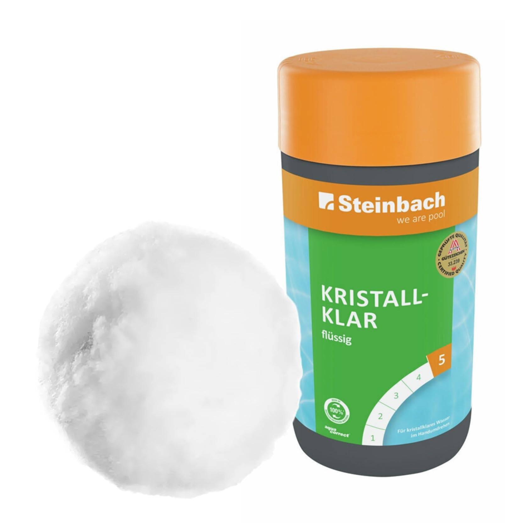 Steinbach | Poolpflege Set Kristallklar + Filterbälle | flüssig, 1 l | mit 700g Filterbälle | ideal zur Reinigung des Pools | Poolwasser sauber und