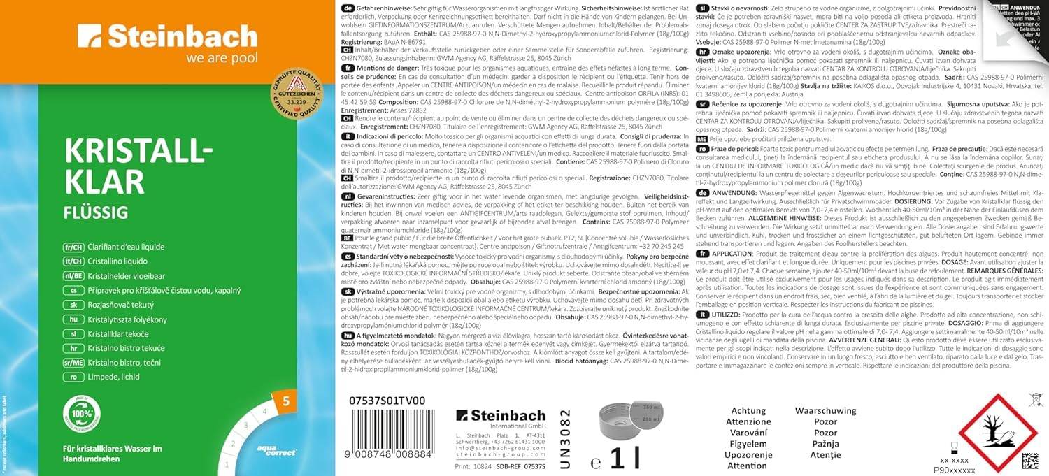 Steinbach | Poolpflege Kristallklar Starter-Set | flüssig, 1 l | mit 50er Teststreifen-Kit | ideal zur Wasserkontrolle | Poolwasser sauber und
