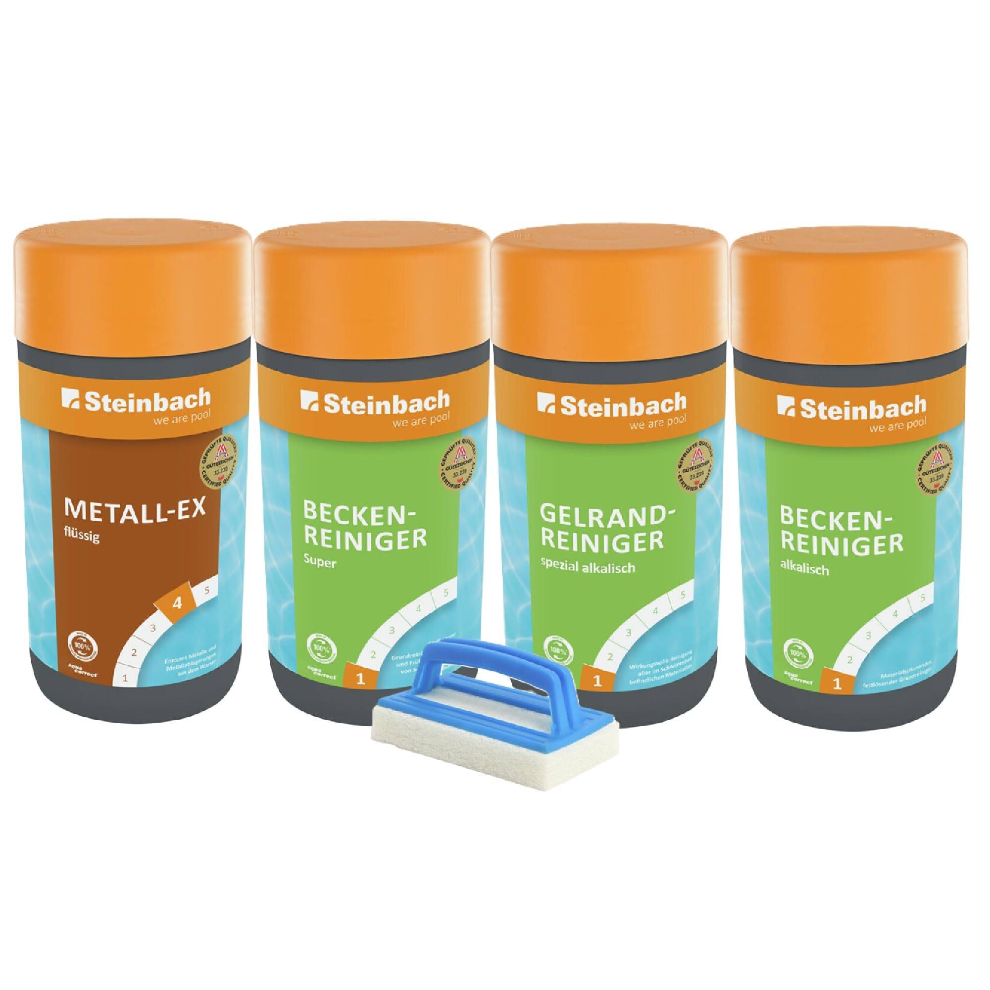 STEINBACH | Reinigungs-Starter-Set für Pools | 5-teilig | Beckenreiniger Super & alkalisch, Gelrandreiniger, Metall-EX je 1l + Handschrubber | für