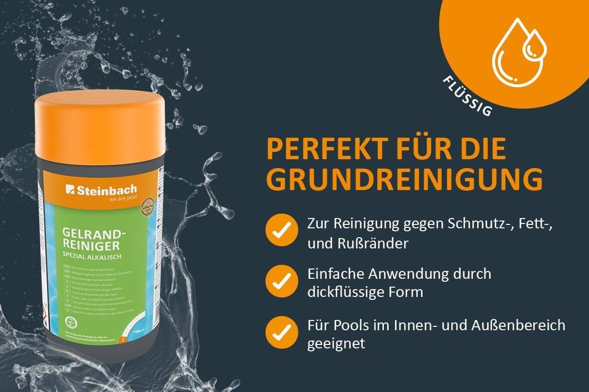 STEINBACH | Reinigungs-Starter-Set für Pools | 5-teilig | Beckenreiniger Super & alkalisch, Gelrandreiniger, Metall-EX je 1l + Handschrubber | für