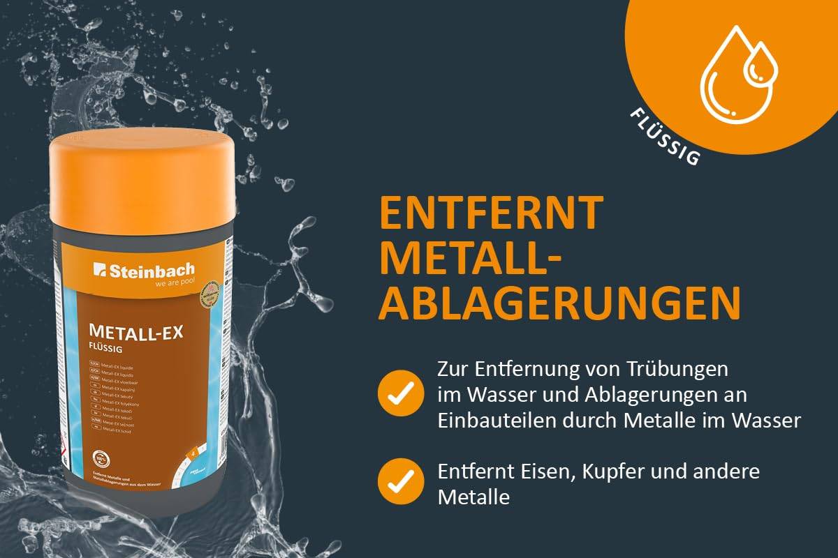 STEINBACH Poolpflege Metall-EX flüssig - 0755401TV08-8X 1l - Entfernt Eisen, Kupfer & andere Metalle - Gegen Trübungen & Ablagerungen - Einfache Anw