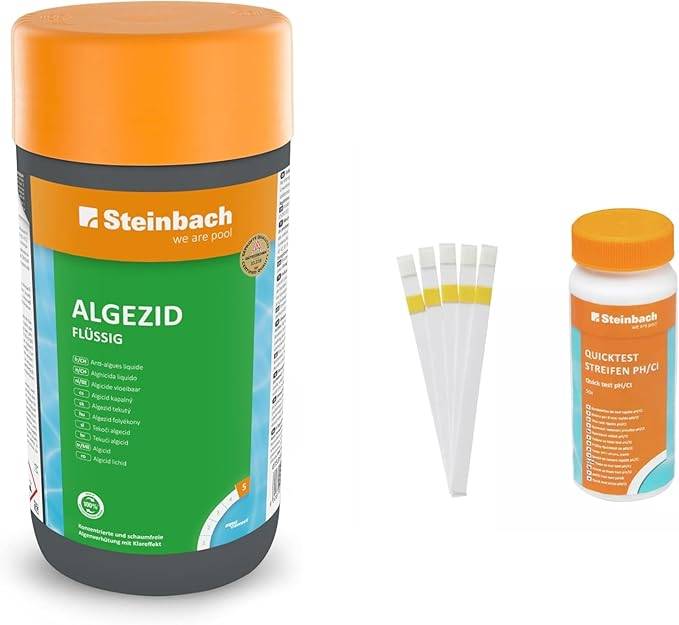 Steinbach | Poolpflege Algezid Starter-Set | flüssig, 1 l | mit 50er Teststreifen-Kit | ideal zur Wasserkontrolle | Poolwasser sauber und