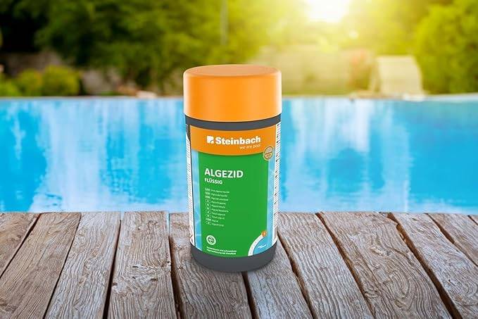 Steinbach | Poolpflege Algezid Starter-Set | flüssig, 1 l | mit 50er Teststreifen-Kit | ideal zur Wasserkontrolle | Poolwasser sauber und