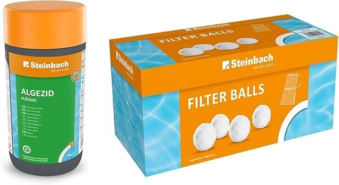 Steinbach | Poolpflege Set Algezid + Filterbälle | flüssig, 1 l | mit 700g Filterbälle | ideal zur Reinigung des Pools | Poolwasser sauber und kris